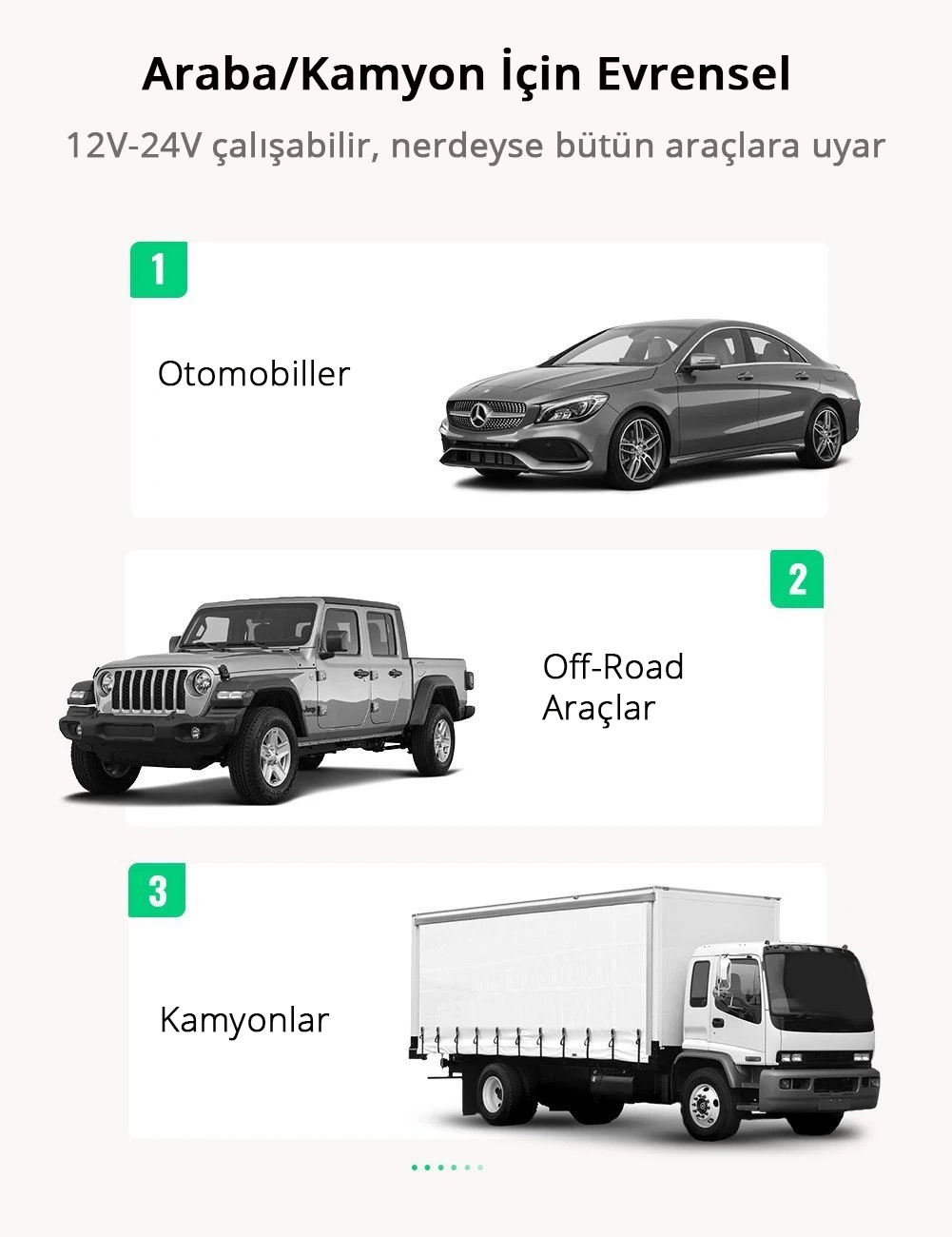 Üç aracın görüntüleri: bir araba, bir arazi aracı ve bir kamyon, açıklayıcı metinlerle.