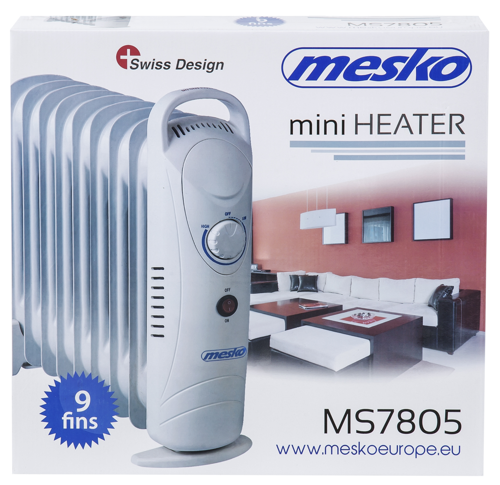Fehér mini hősugárzó a dobozban. Ezüstszínű lamellák. Szöveg: mini HEATER, MS7805, Swiss Design.