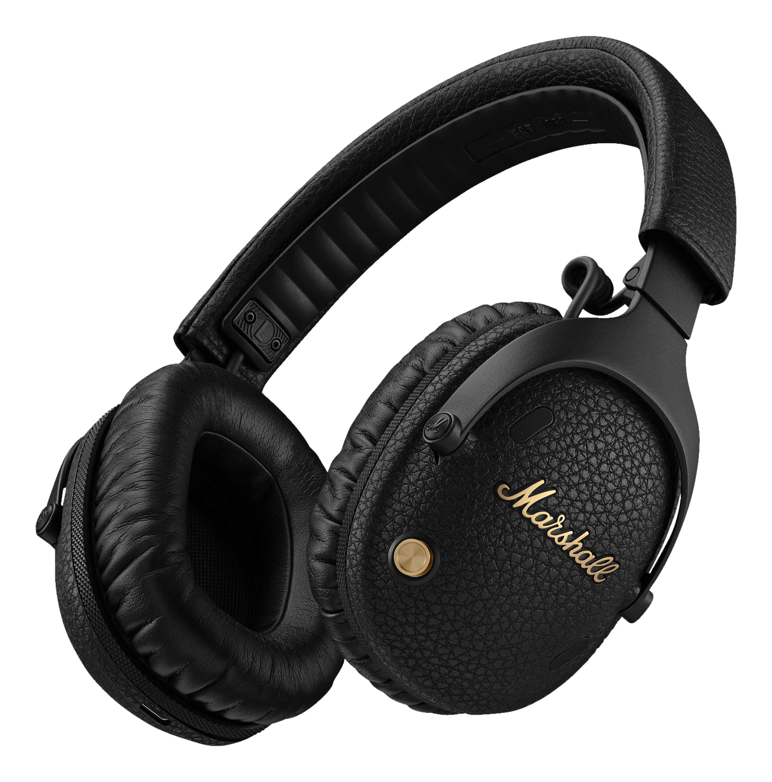 Casque Marshall noir avec des accents dorés. Texture cuir et le nom de la marque est bien en évidence.