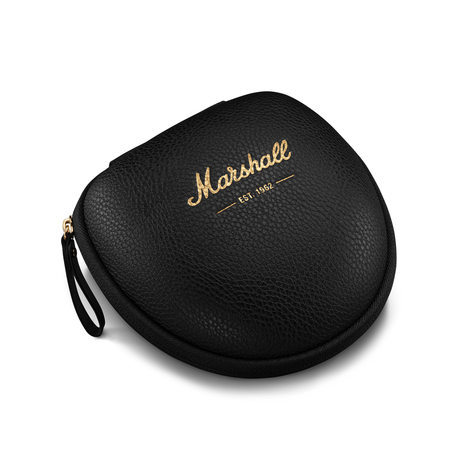Étui Marshall noir avec logo doré. Fermeture éclair et petite poignée.