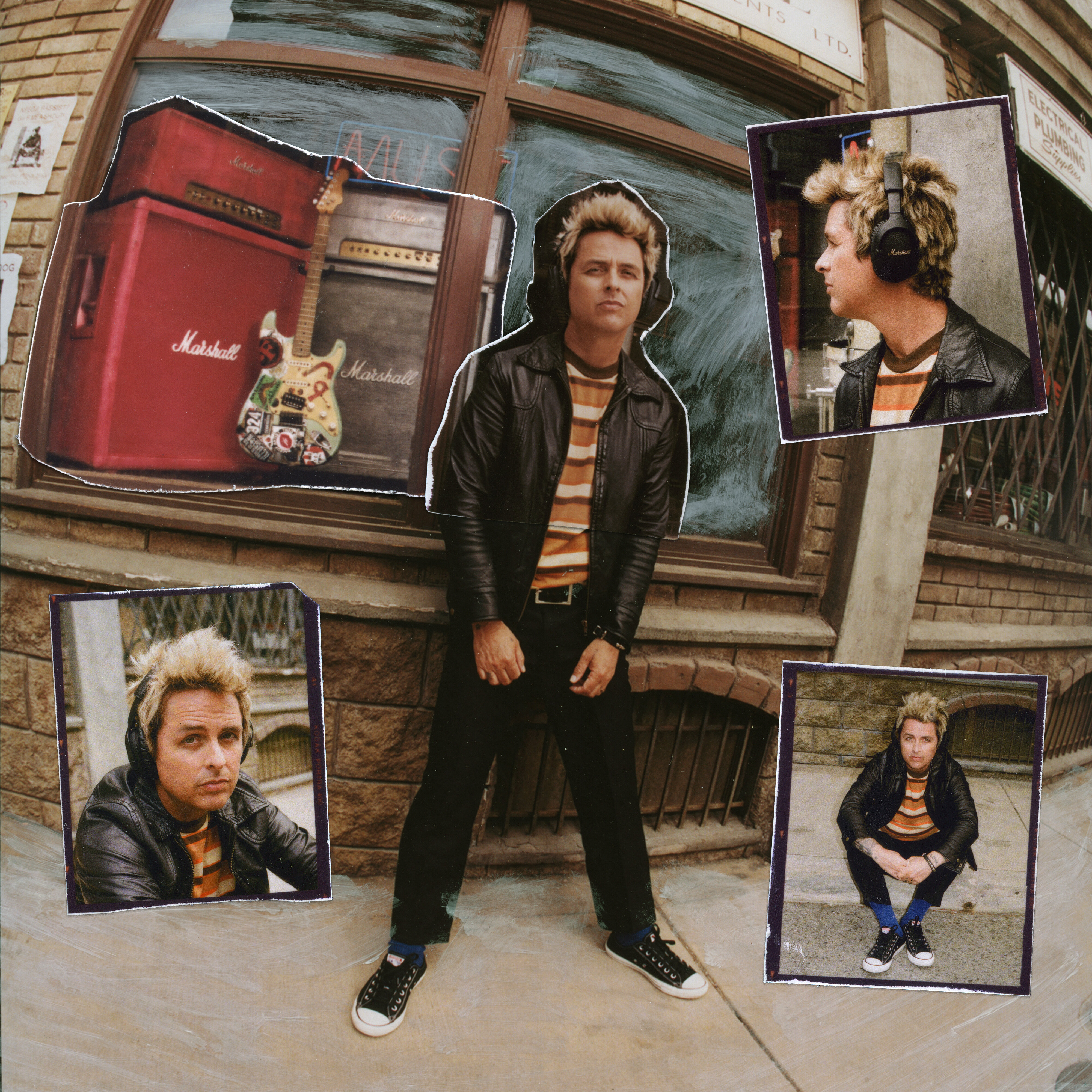 Un homme aux cheveux blonds sur plusieurs photos avec une guitare et un amplificateur Marshall.