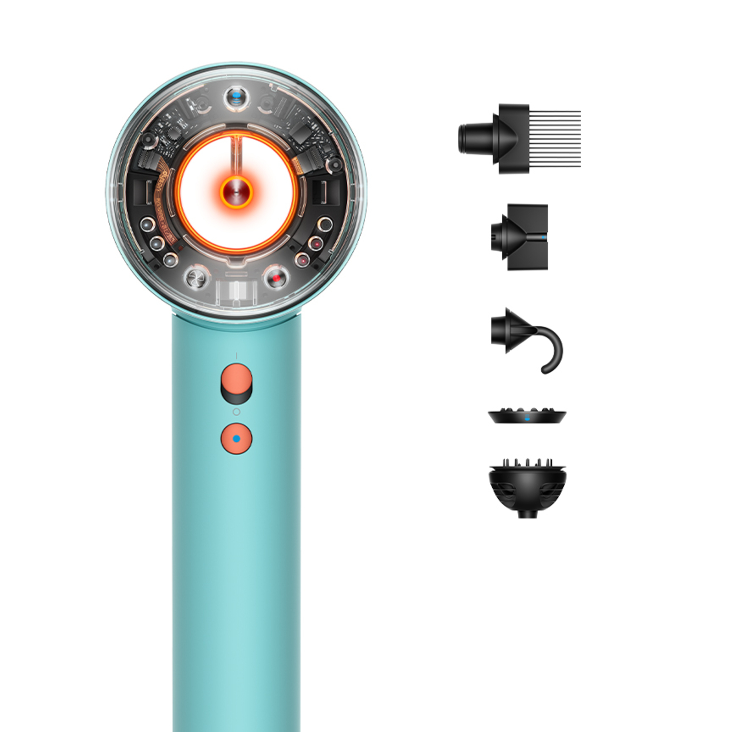 A turquoise hairdryer with several attachments on a white background.