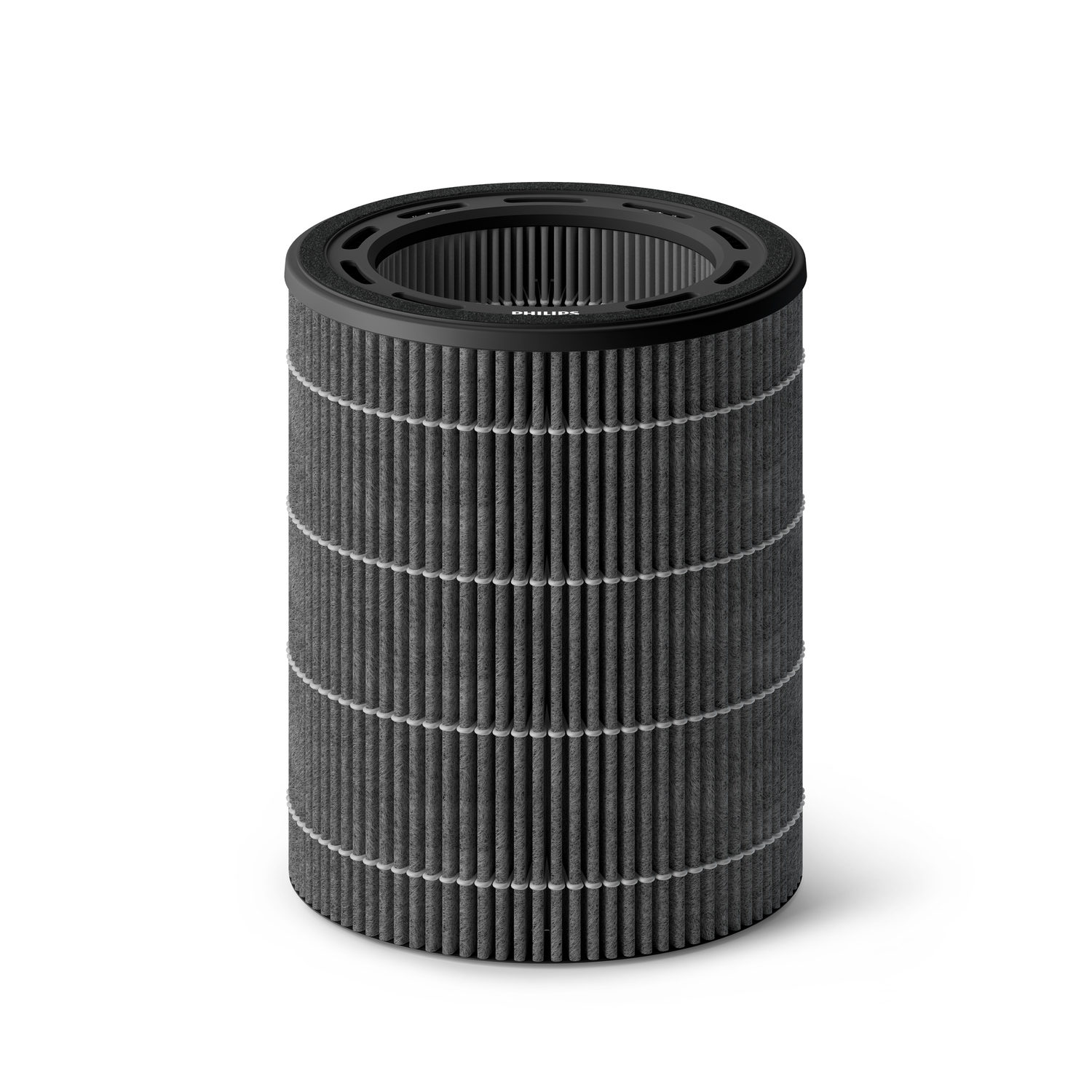 Cilindrisch luchtfilter met zwarte boven- en onderkant en een grijze filterbody.