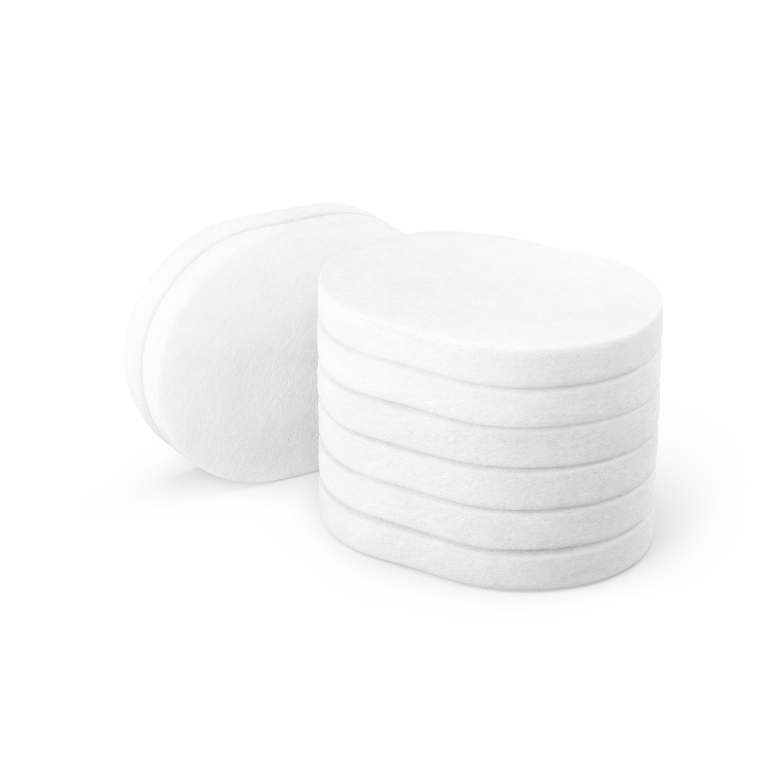 Stack of white cotton pads with one lying beside them, on white background.