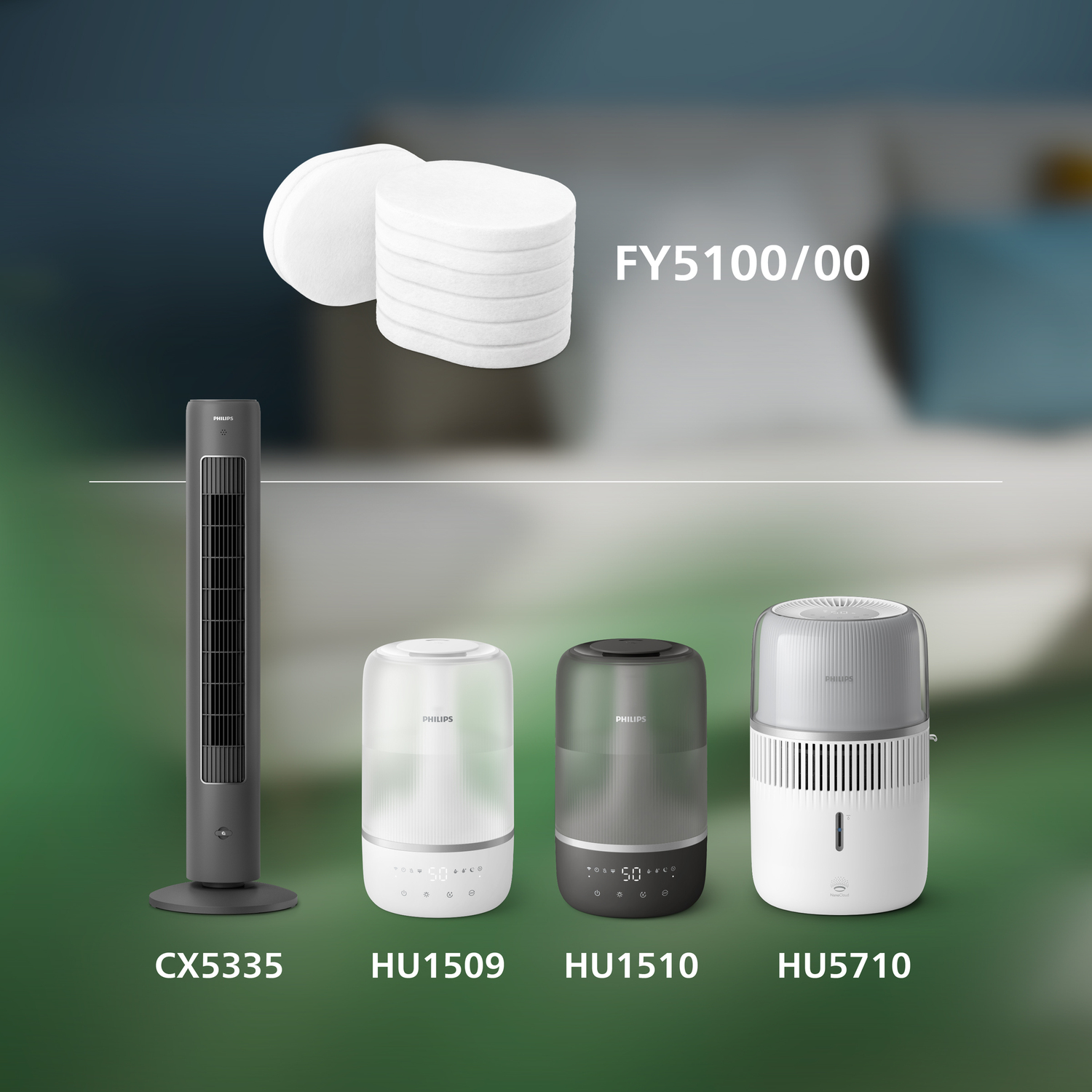 Four Philips air purifiers and a stack of filters. Each product is labeled with a model number.