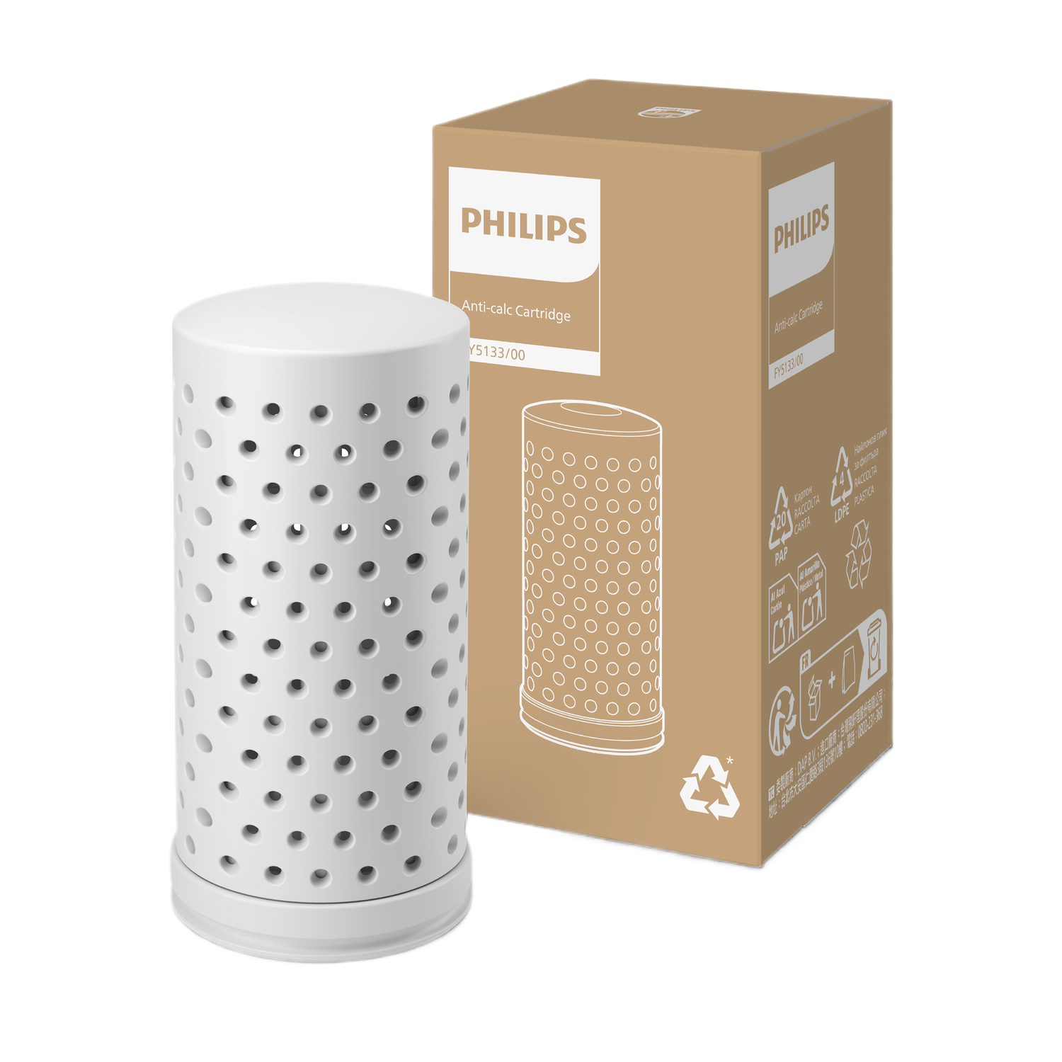 Filtre cylindrique blanc à trous et boîte Philips marron. Filtre anti-calcaire.