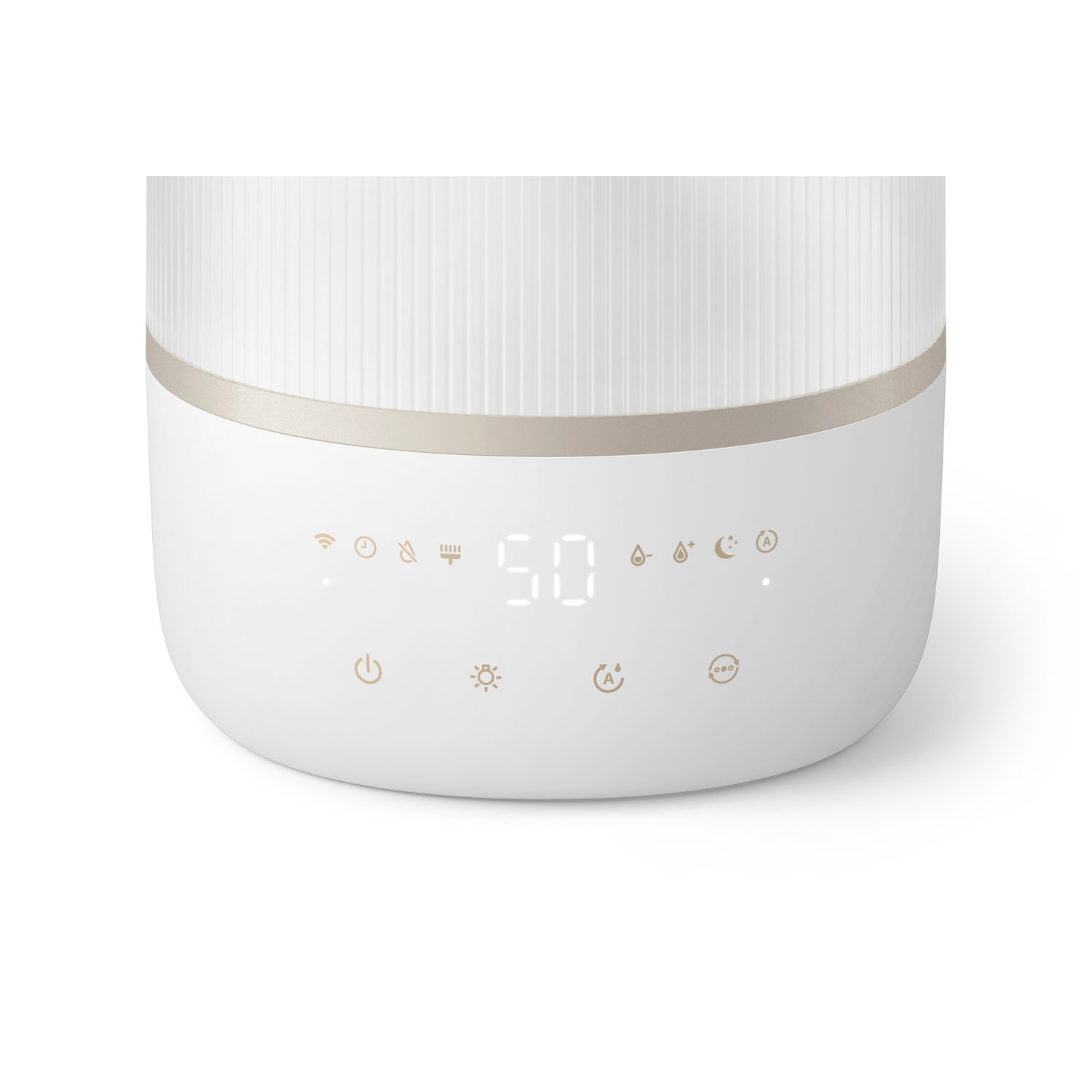 A white humidifier base with a digital display showing 50 and various icons.