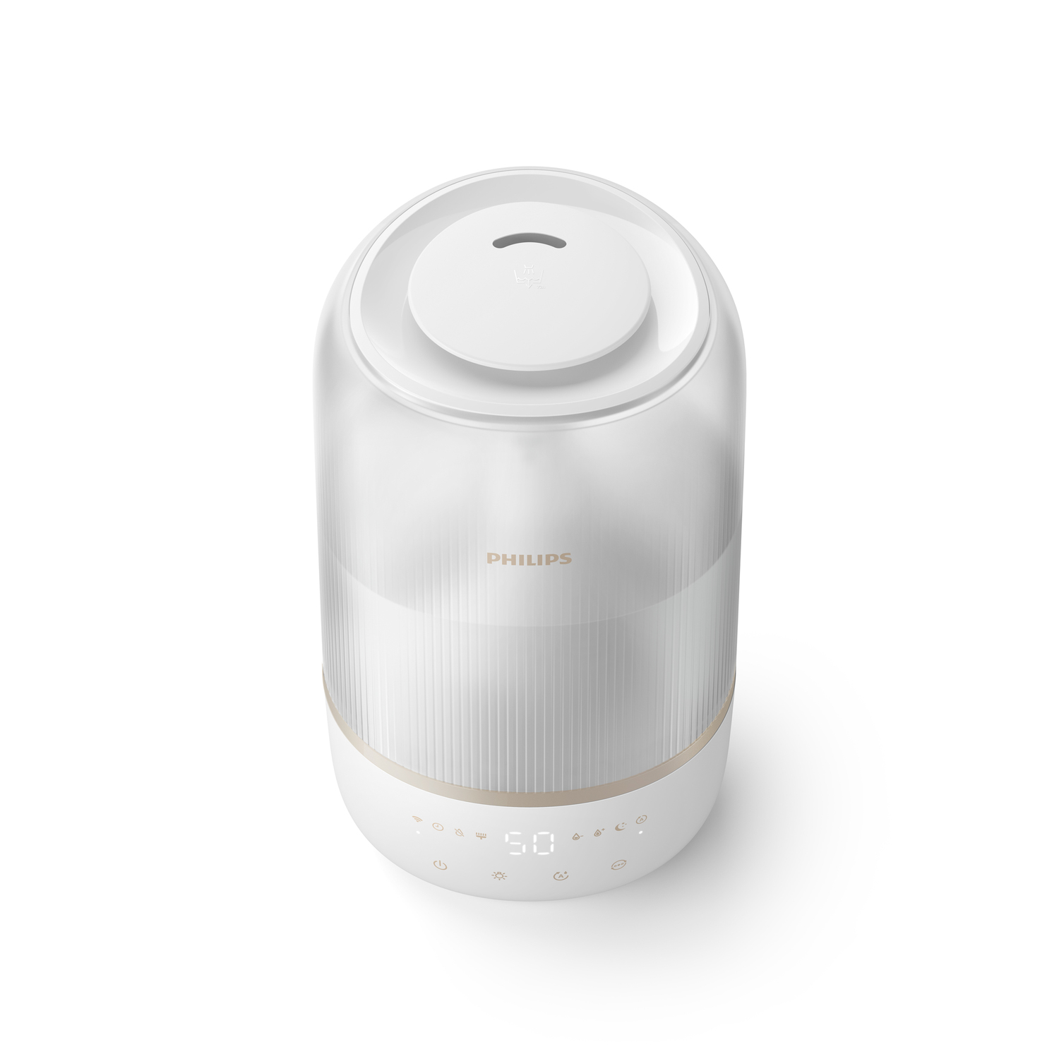 An overhead view of a white humidifier with a white top.