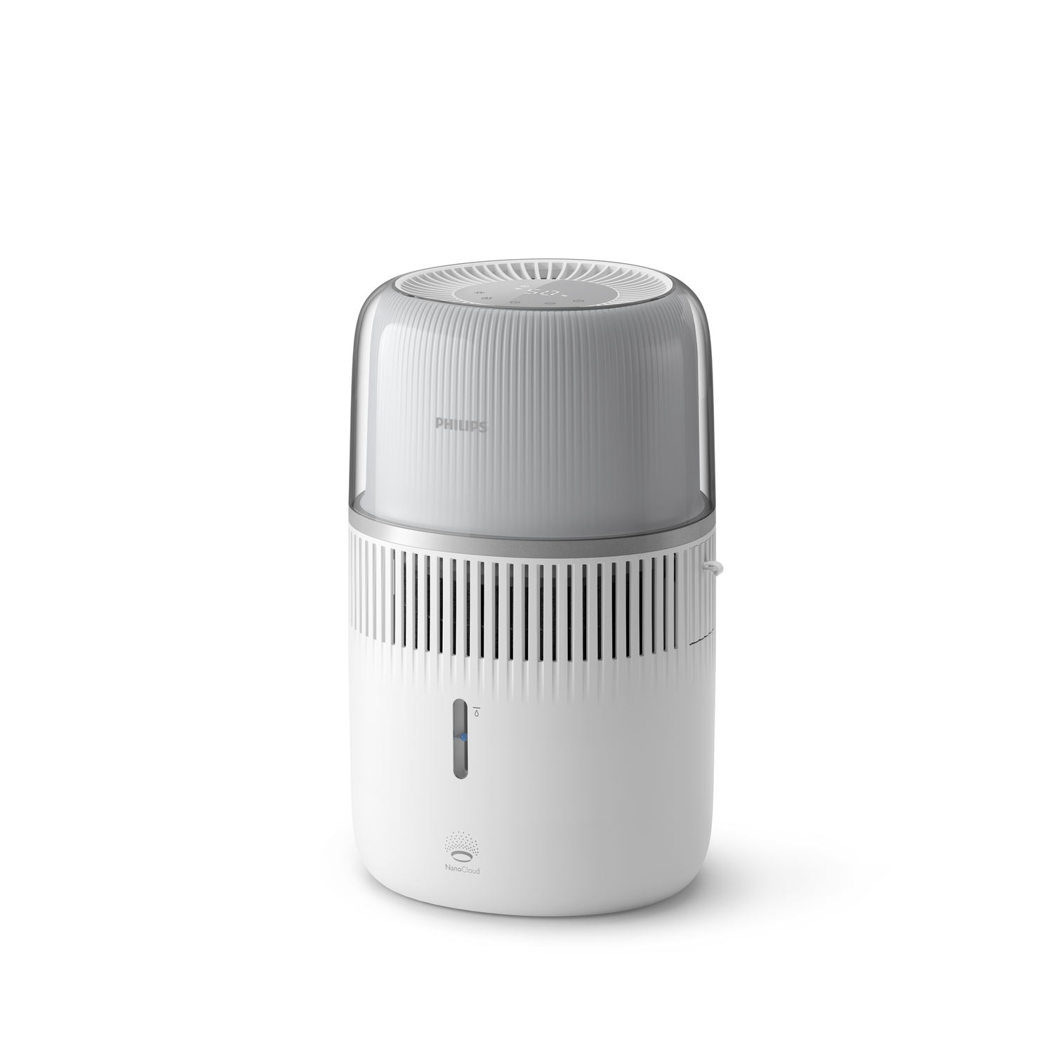 White and gray air purifier with a transparent top and control panel.