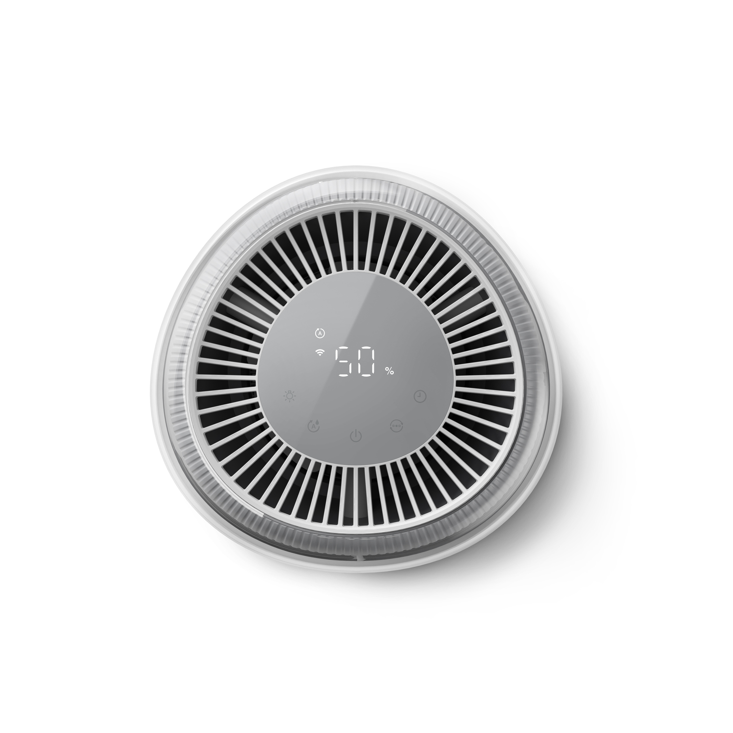 Air purifier, white with grey center, top view. Displays settings and power button. White background.