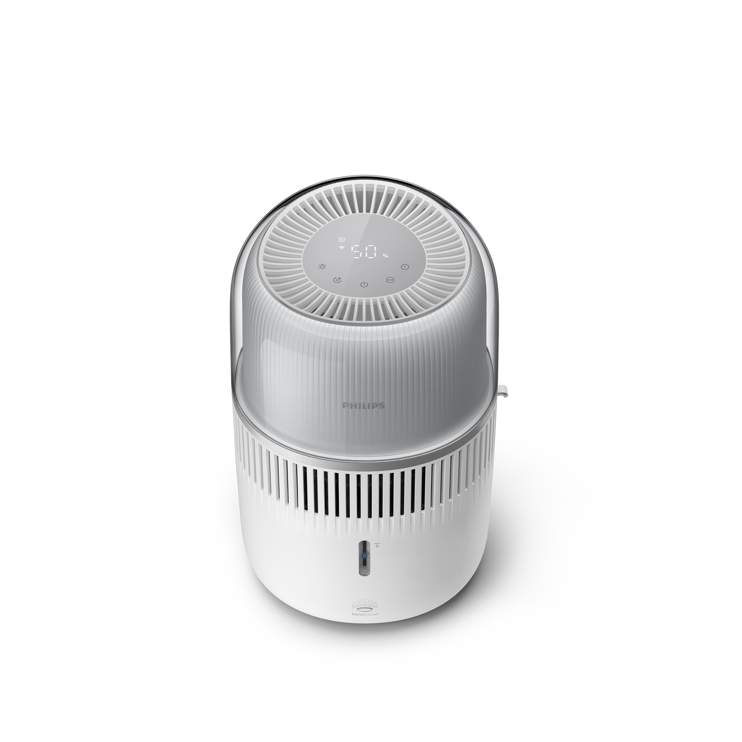 A white and gray air purifier, with a digital display and ventilation holes.
