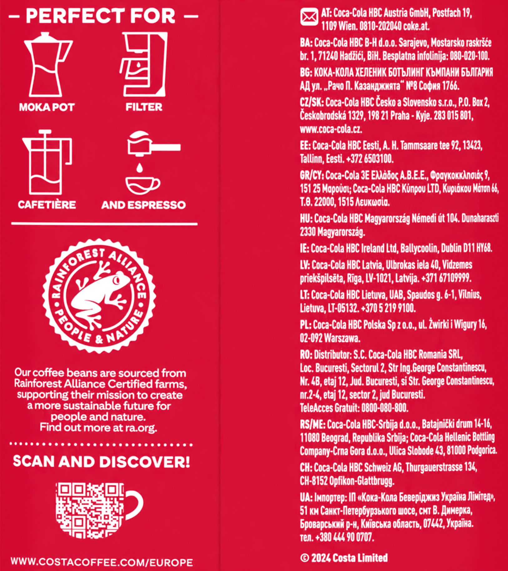Tekst o kawie, w tym logo Rainforest Alliance i Costa Coffee.