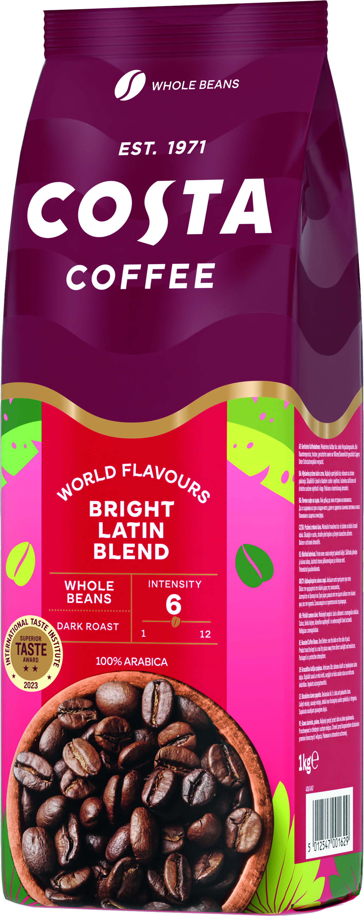 Torba kawy Costa, z czerwoną i brązową kolorystyką. Mówi 'World Flavours' i 'Bright Latin Blend'.