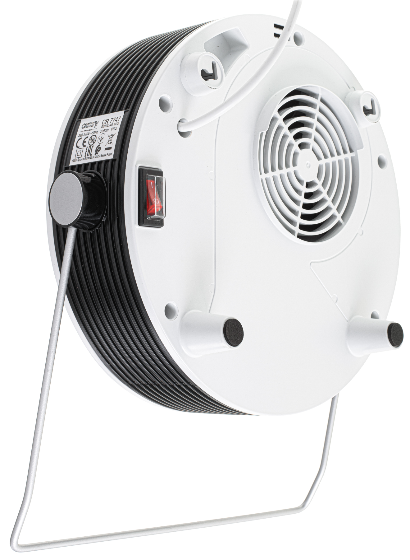 Egy fehér-fekete ventilátoros hősugárzó hátulja. Megmutatja a ventilátort, a kapcsolót és az állványt. A dizájn kör alakú.
