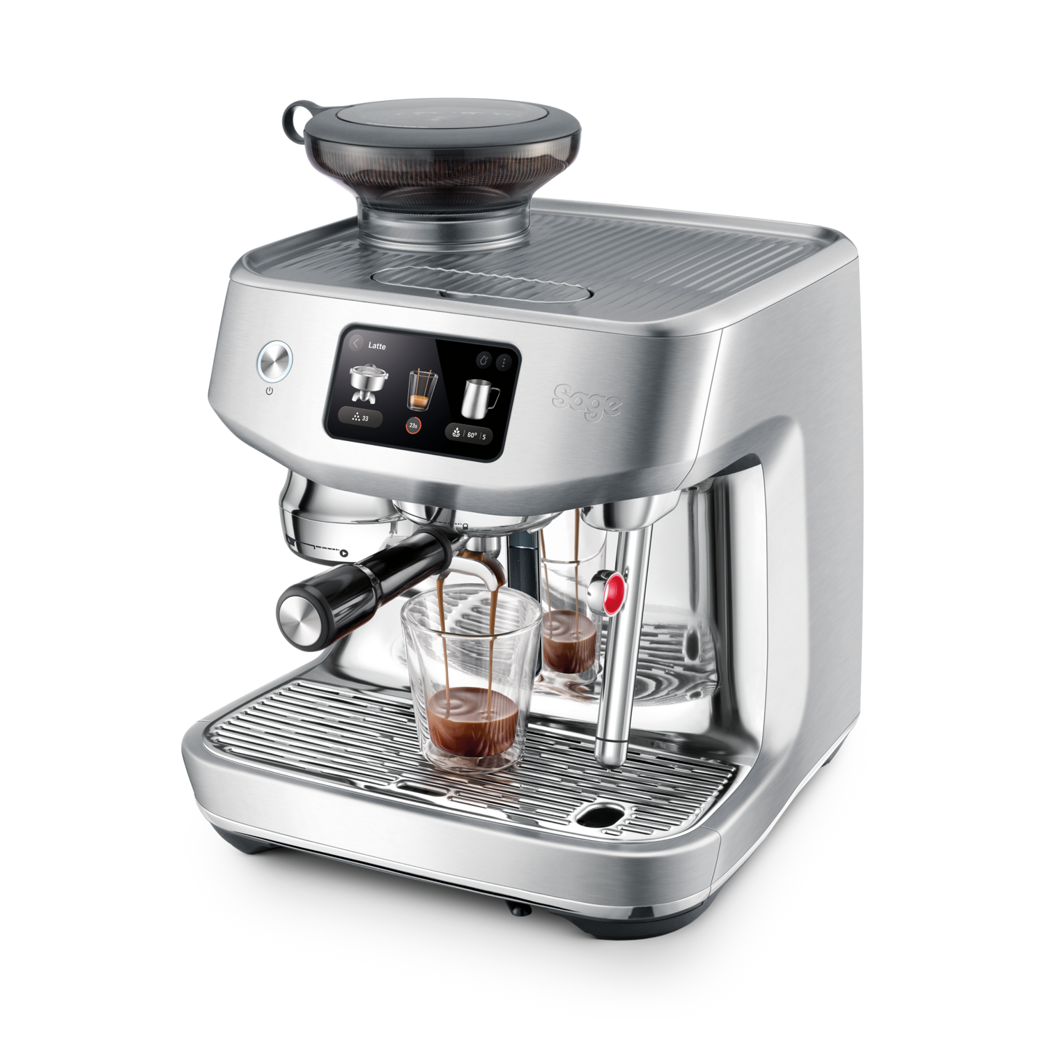 Silver espresso machine with grinder, two glasses with coffee, and controls.