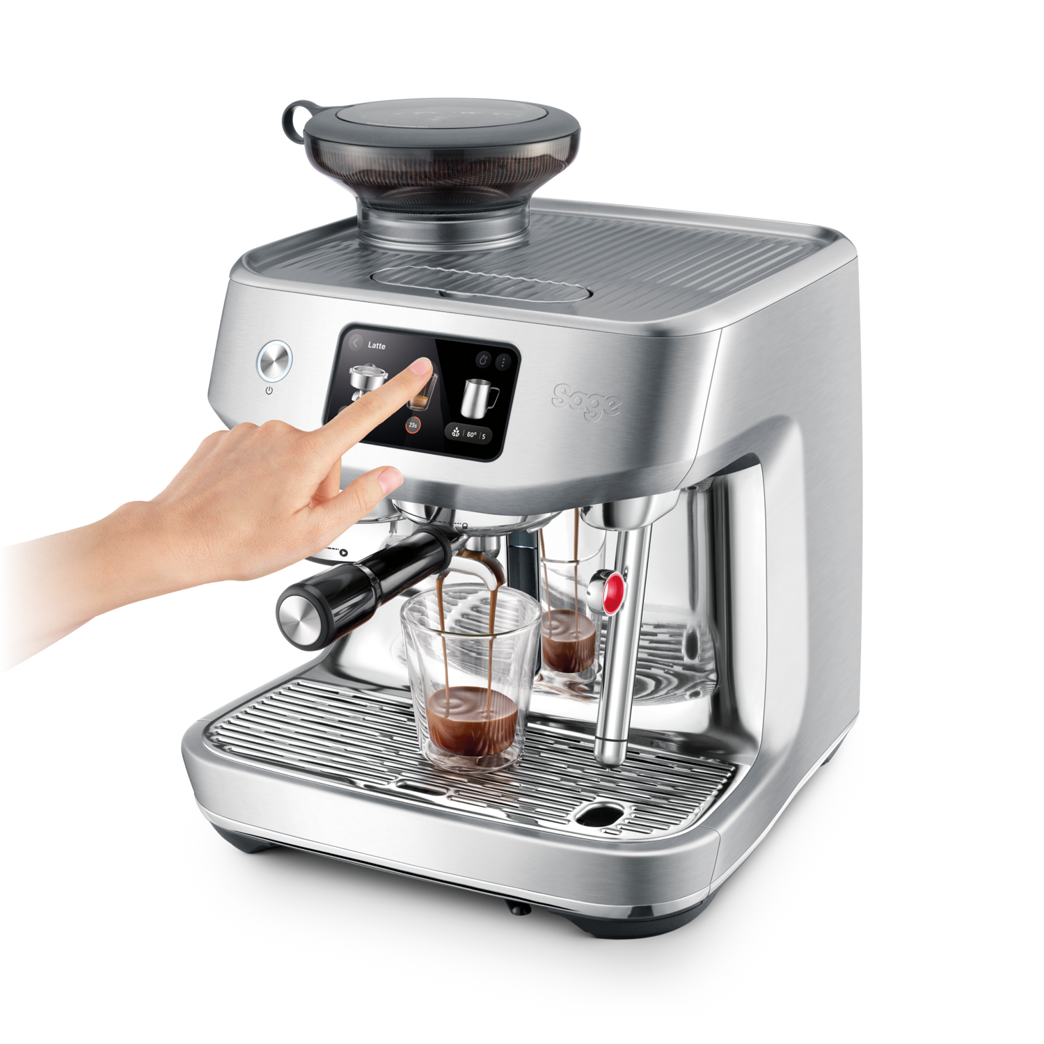 Silver espresso machine with a hand touching the screen.
