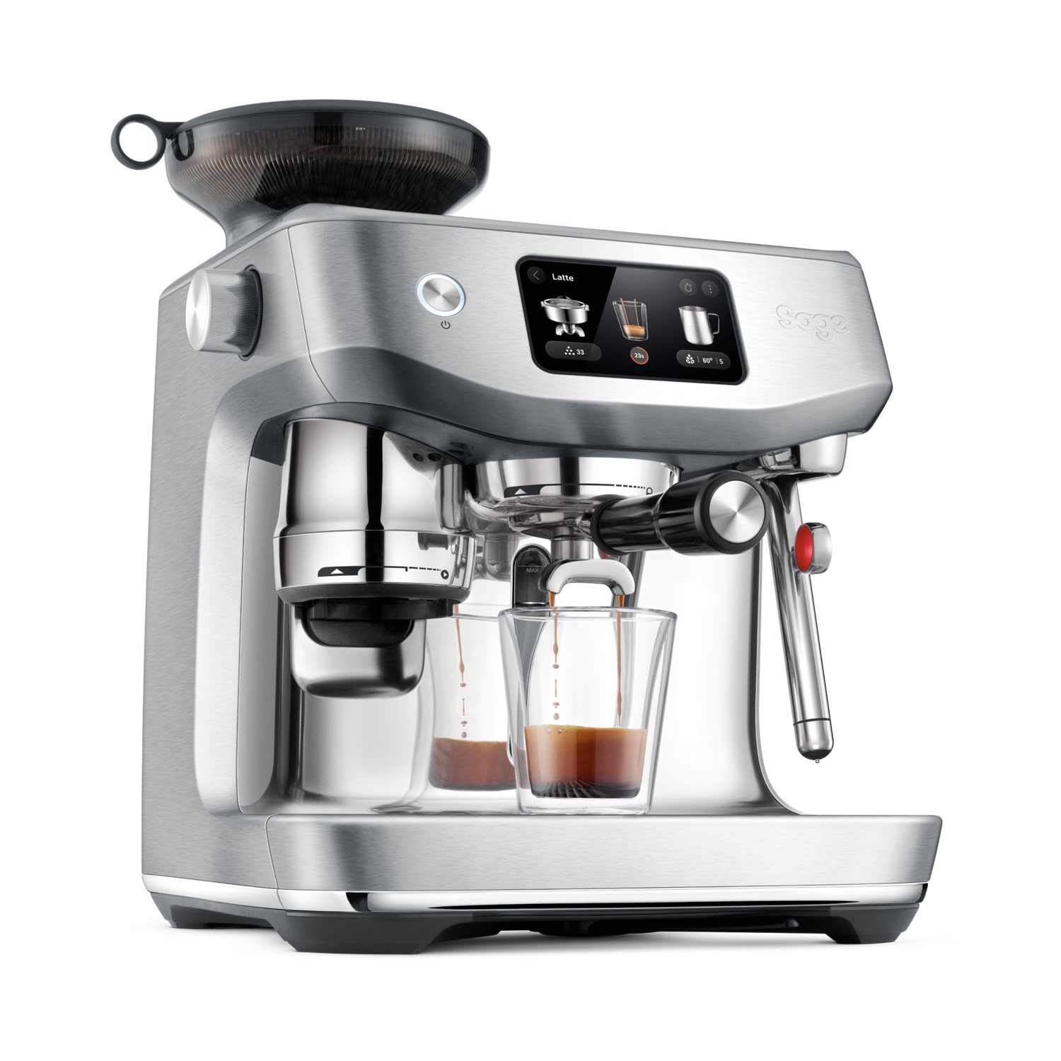 A silver espresso machine with two glasses. It is on a black background.