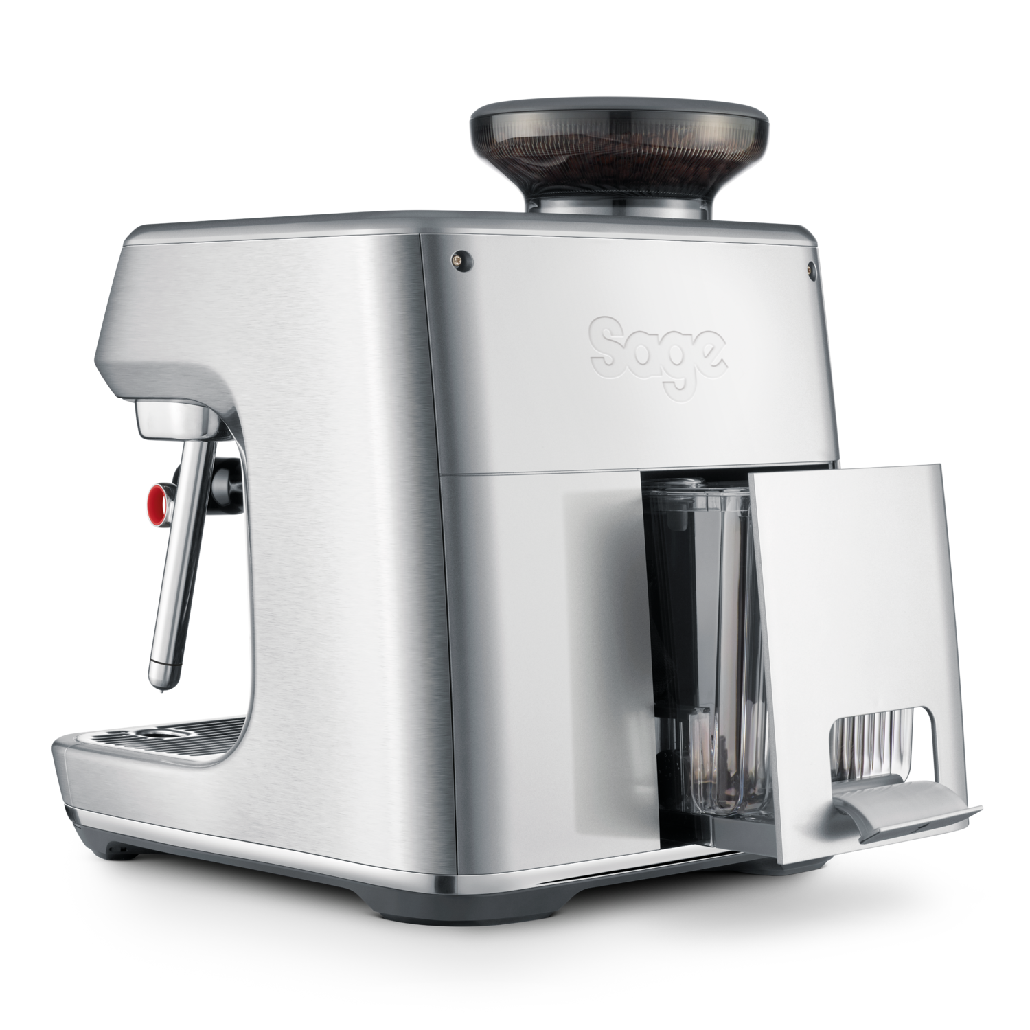 A silver Sage espresso machine with a coffee grinder on top. The machine has a portafilter and a glass.