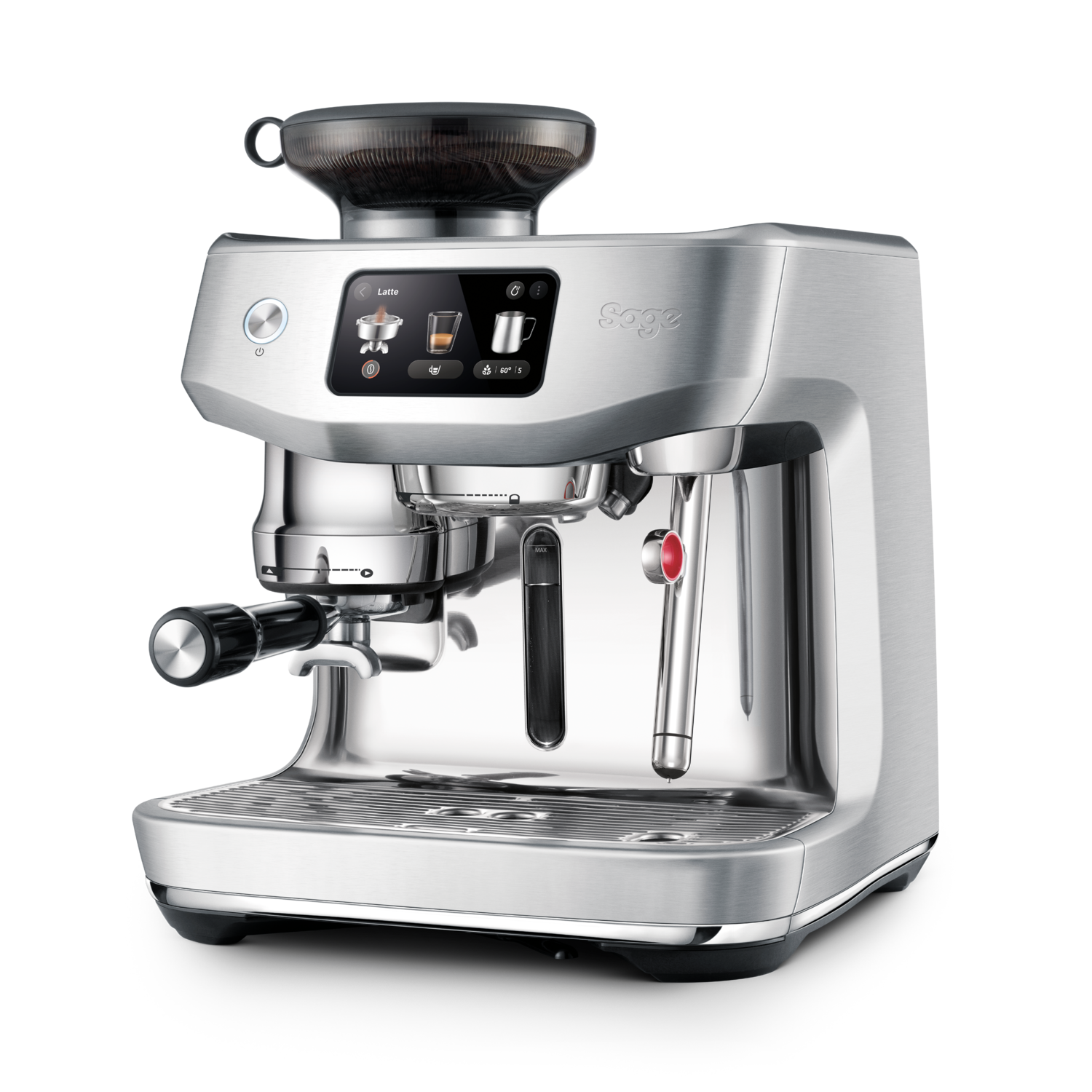 Silver espresso machine with a bean grinder, digital display and chrome finish.