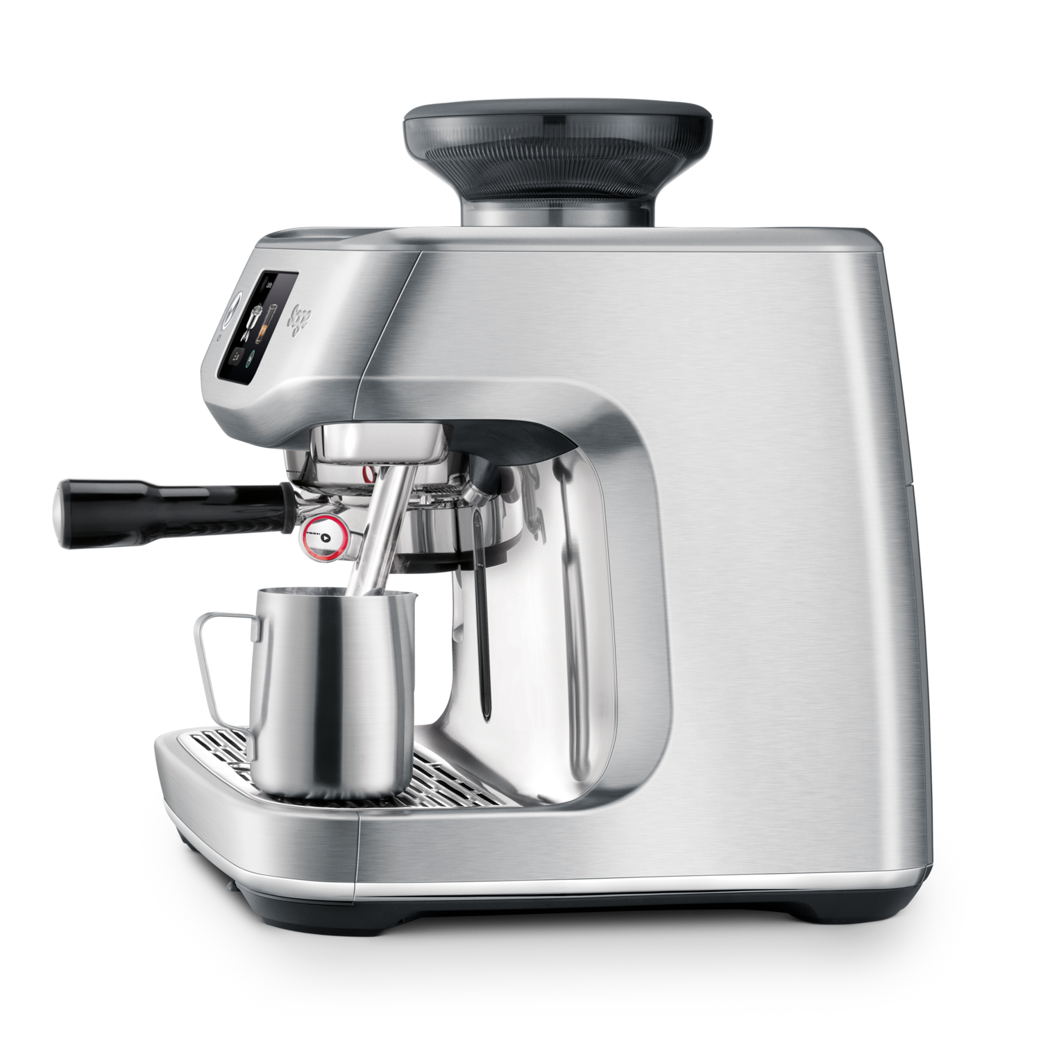 Silver espresso machine with a cup, grinder and steam wand.
