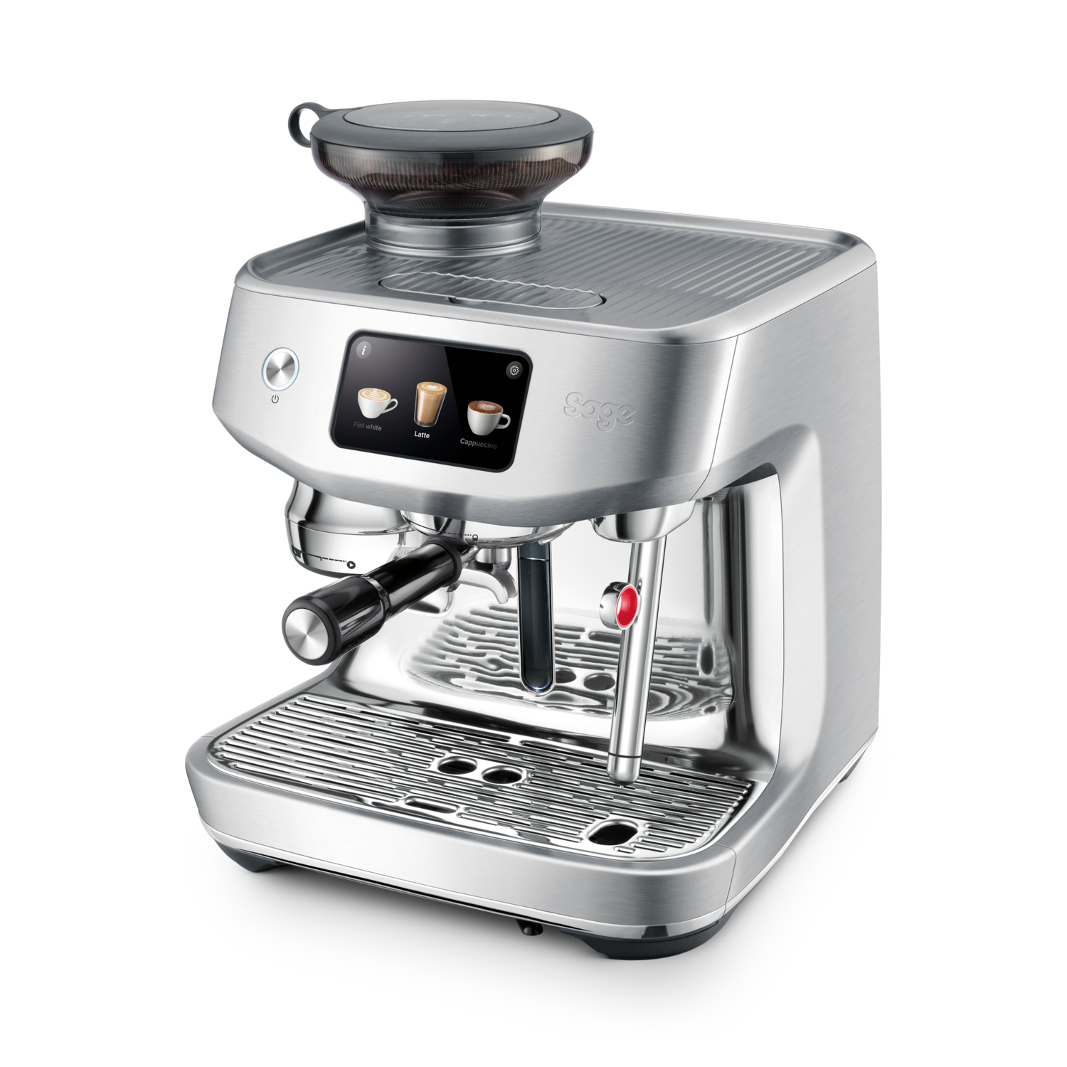 A silver Sage espresso machine. It has a coffee grinder on top.