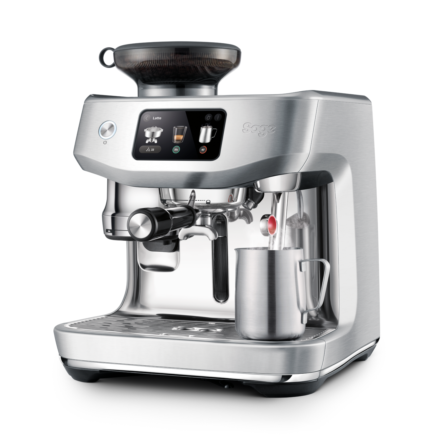 Silver Sage coffee machine with a grinder, milk frother, and a touchscreen display.