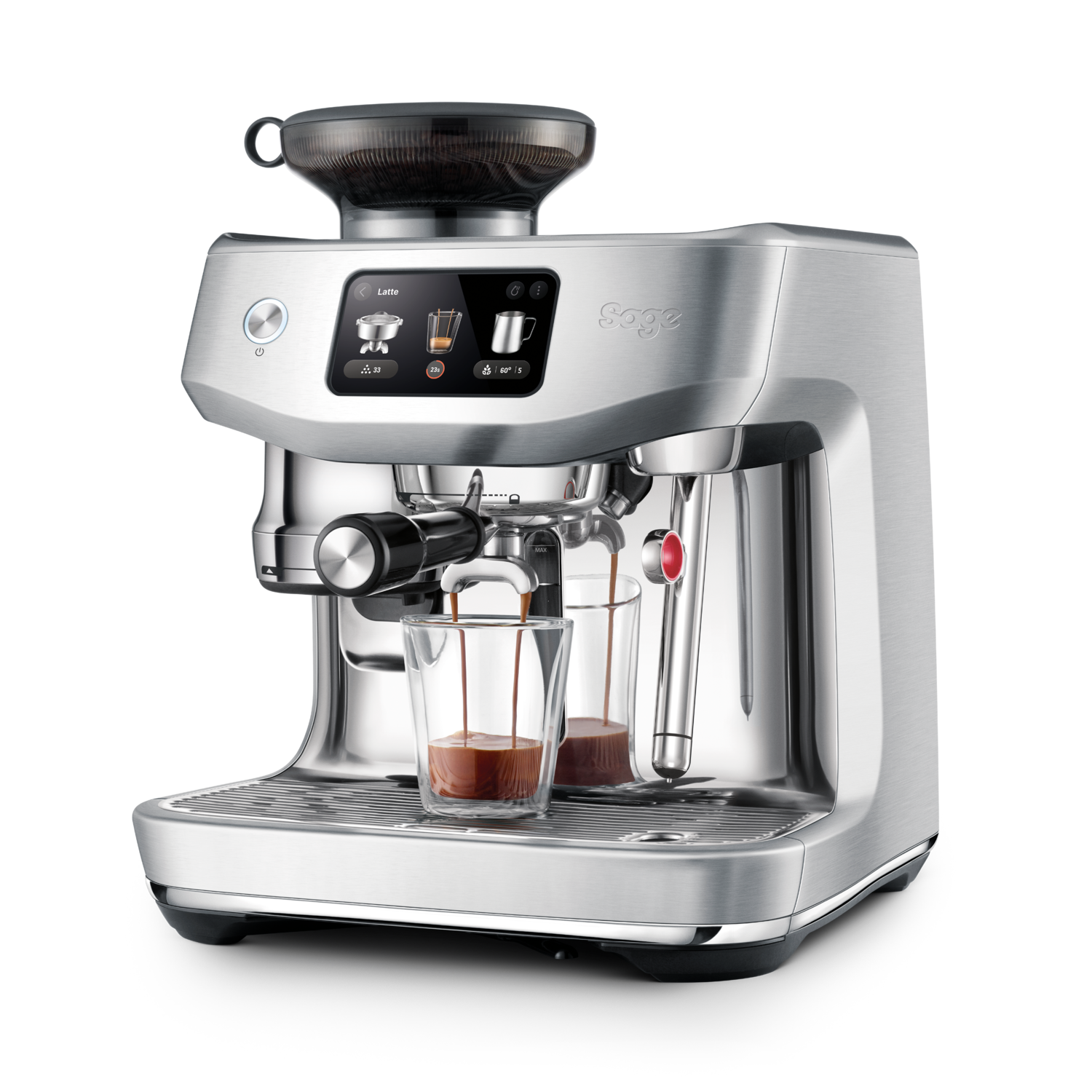 Silver espresso machine with coffee pouring into two glasses. It has a digital display.