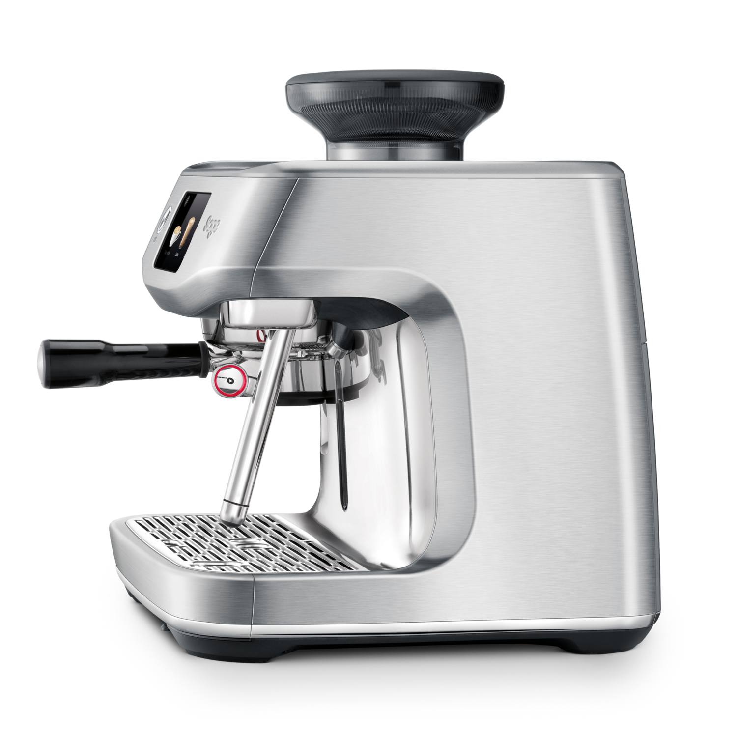 A silver Sage espresso machine. The machine has a portafilter, a display screen, and a sleek design.