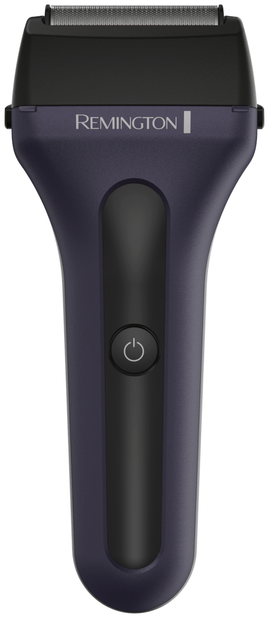 Egy lila-fekete Remington elektromos borotva bekapcsoló gombbal.