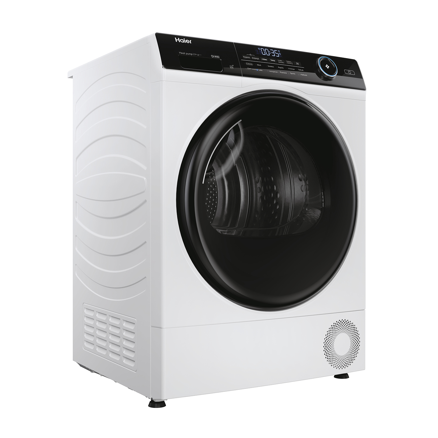 Asciugatrice Haier bianca, porta nera, pannello di controllo e vista prospettica.