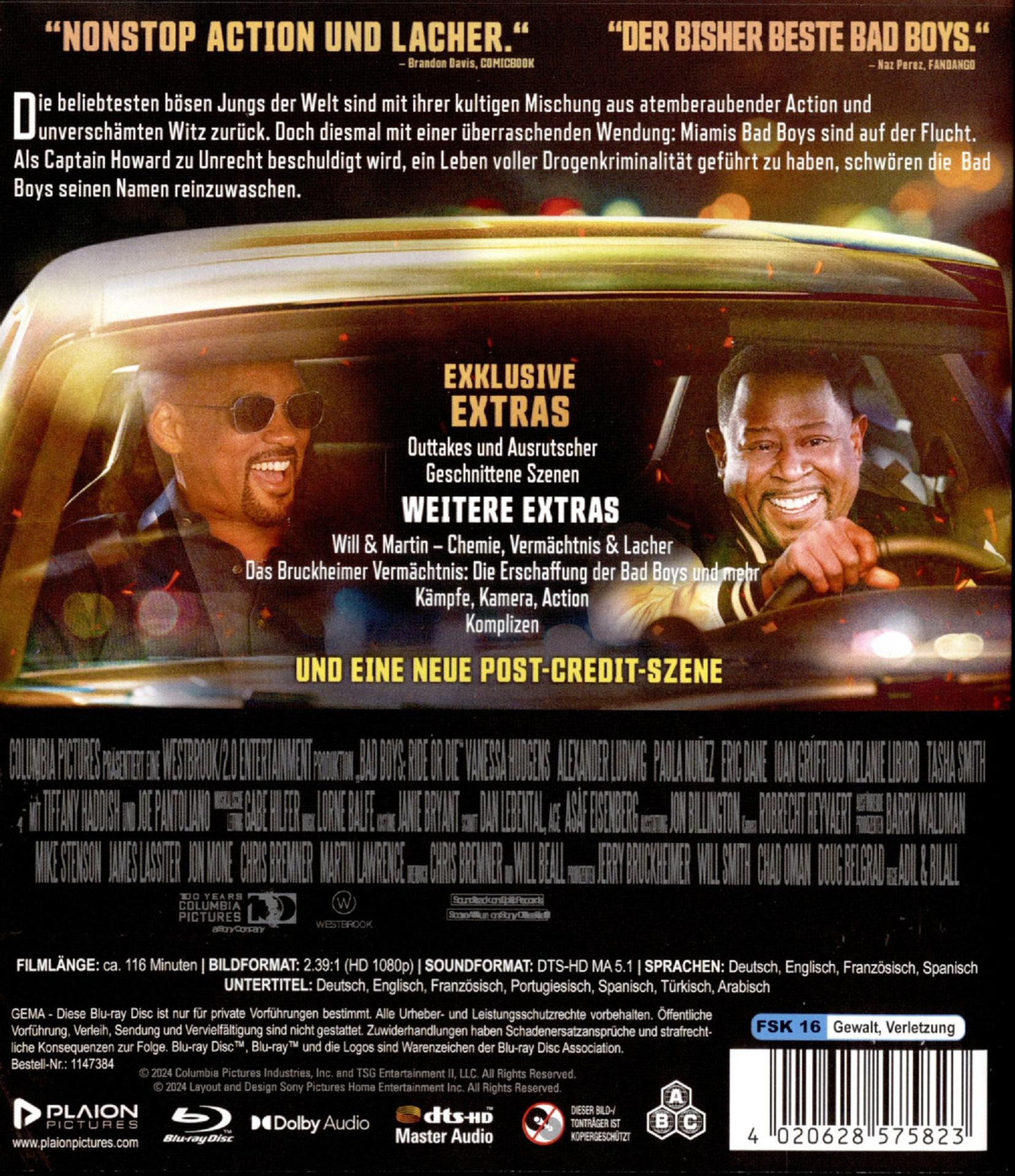 Bad Boys Blu-ray Cover. Zwei Schauspieler im Auto, Text und eine Liste mit Extras.