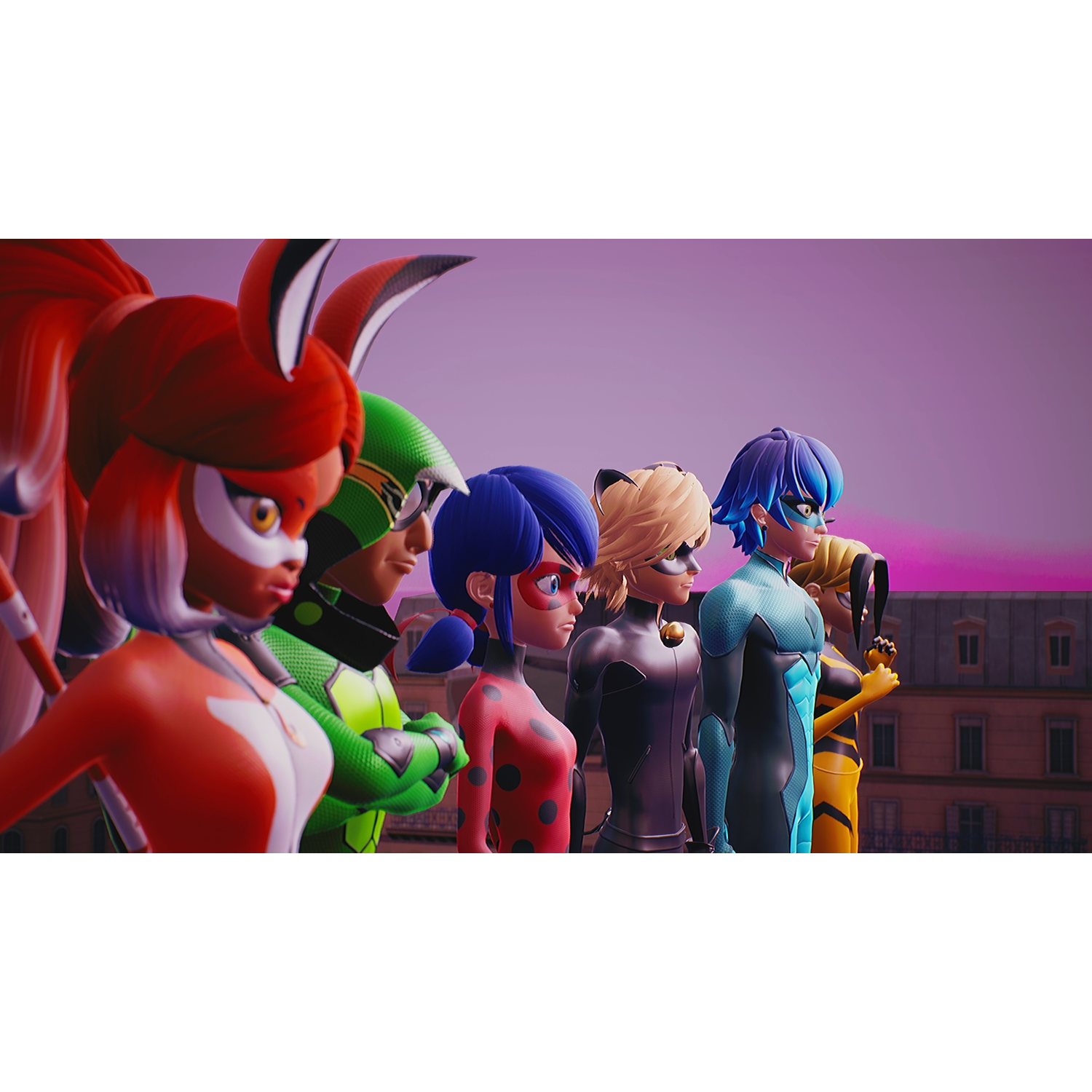 Miraculous-personages die naast elkaar staan, opzij kijken.