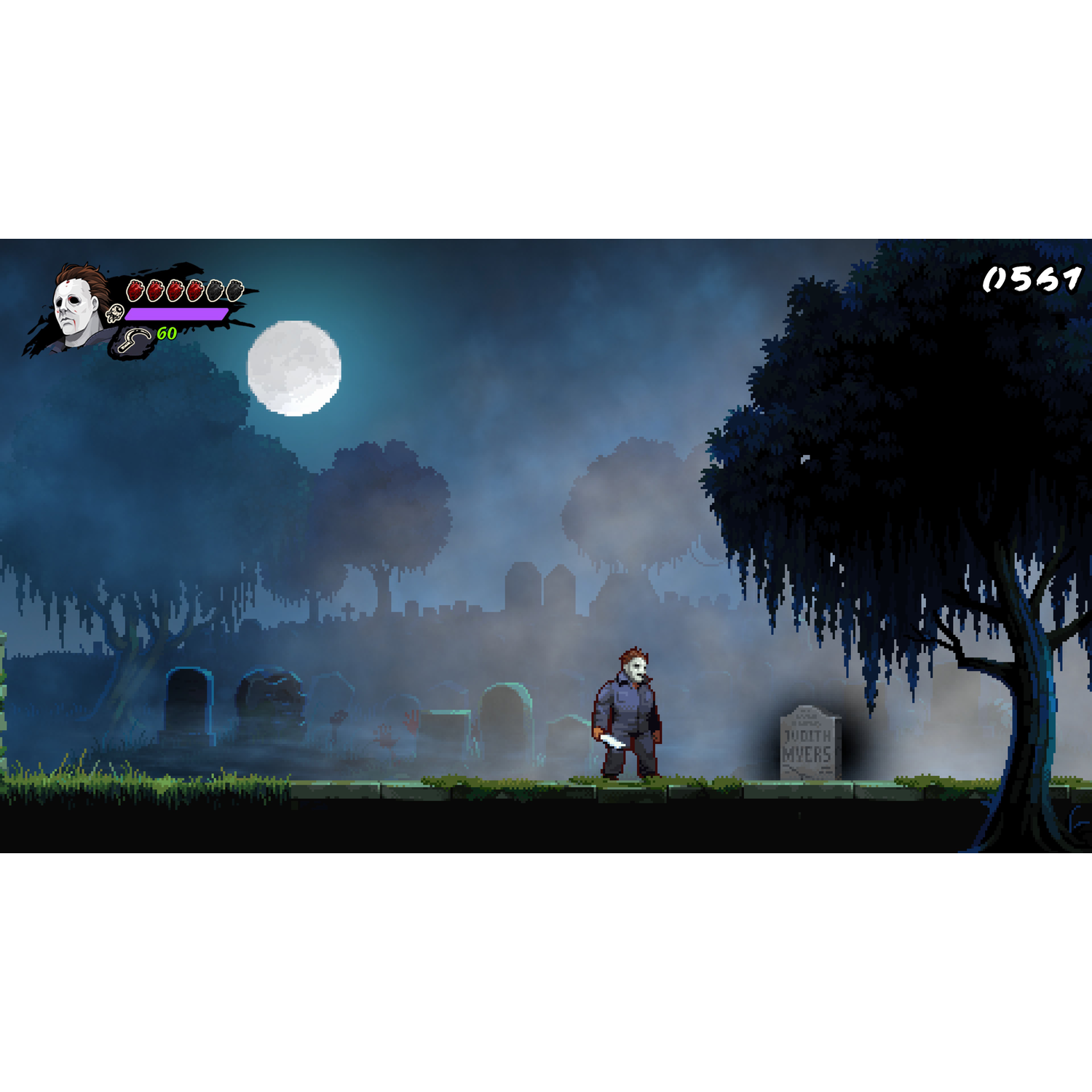 Gepixelde videogame scène met Michael Myers op een begraafplaats.