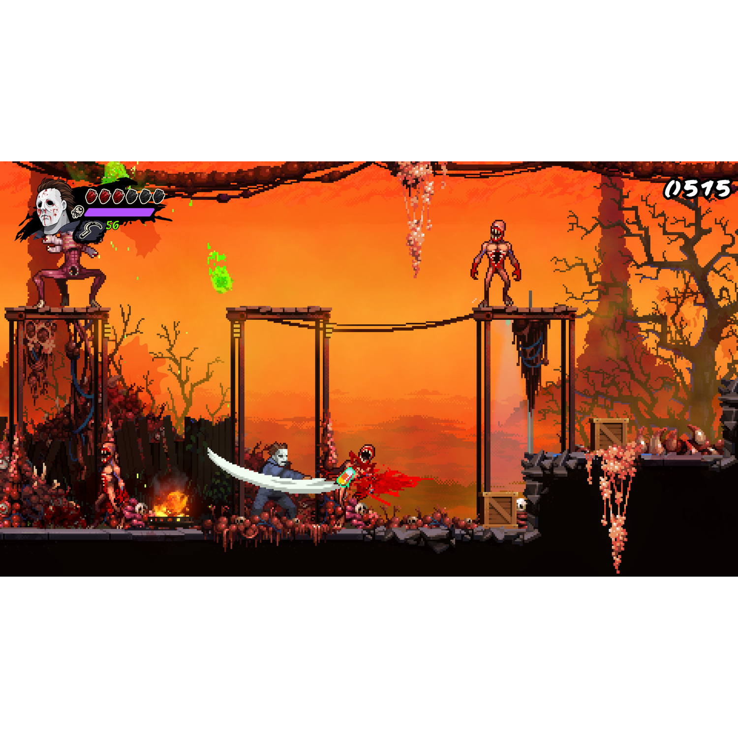 Een pixelige videogame scène met personages en achtergrondelementen in een horrorthema.