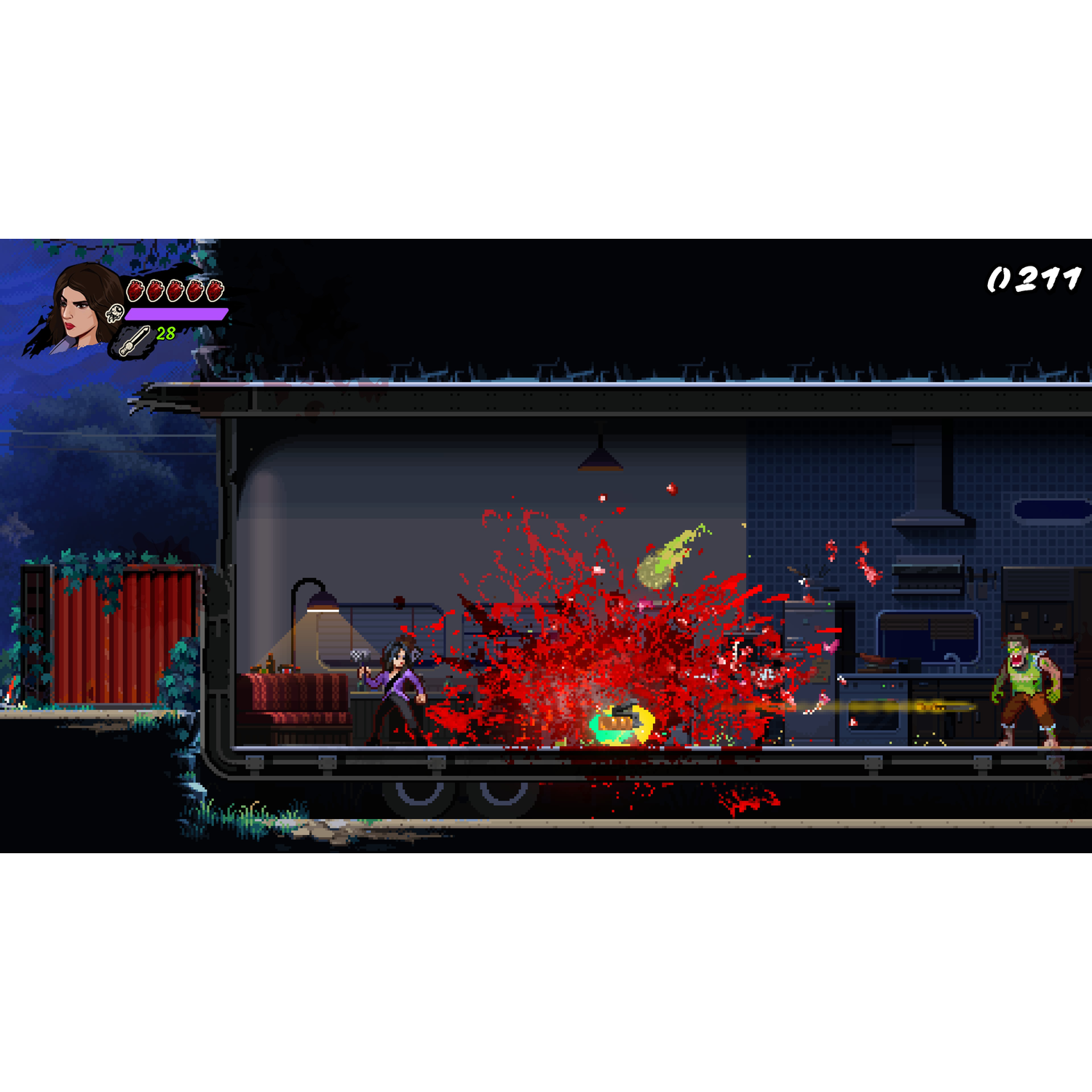 Een gepixeleerde videogame-scène met een gewelddadige rode explosie. Een vrouw schiet.