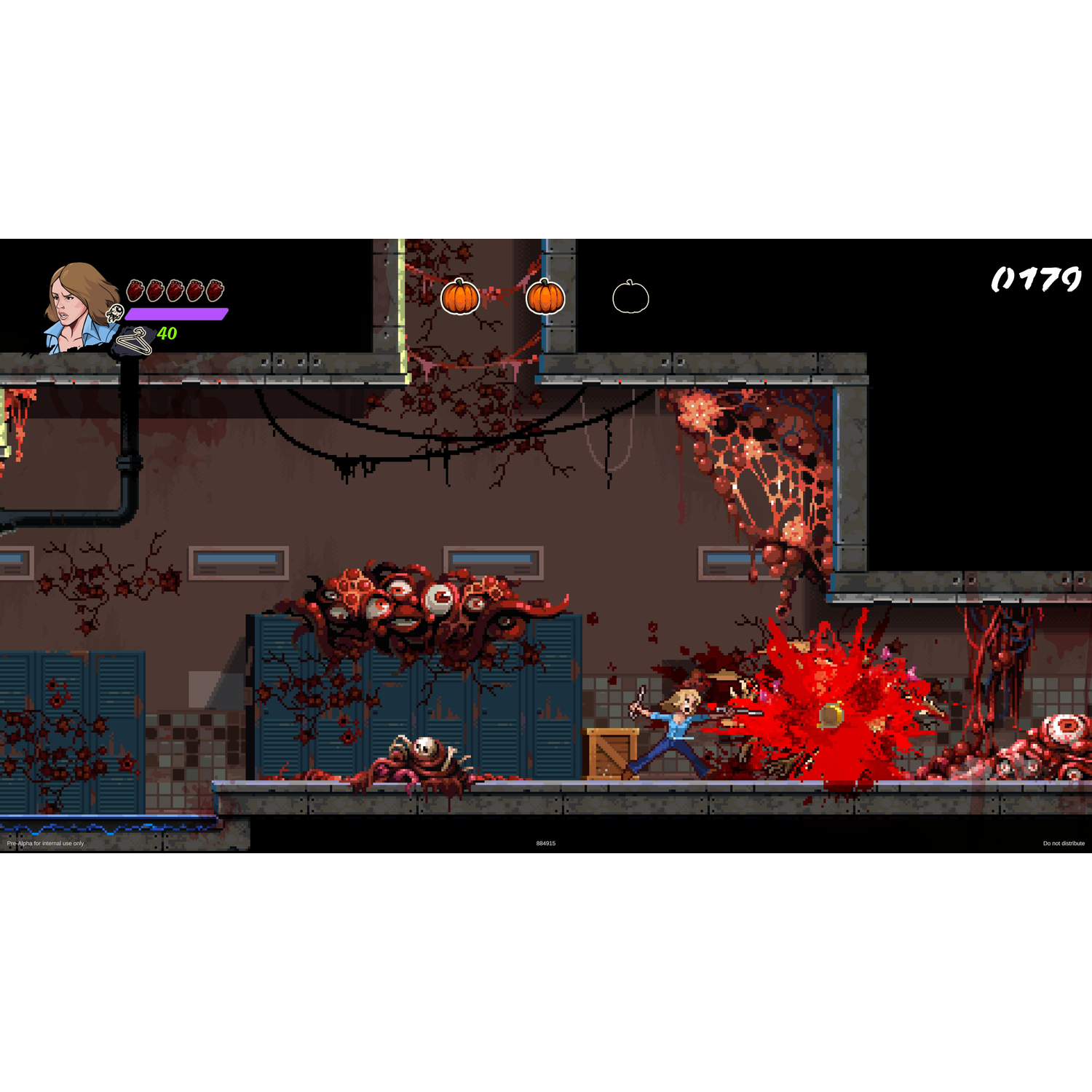 Gepixeleerde videogame-scène met een vrouw die op monsters schiet in een gang.
