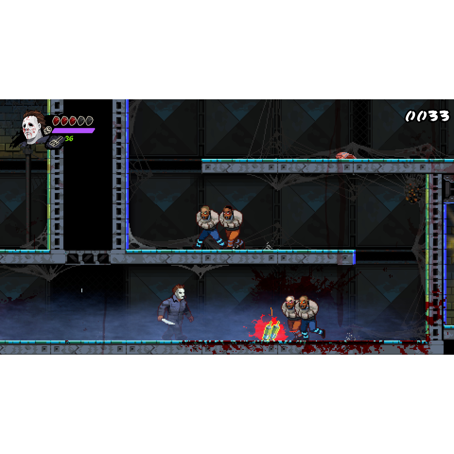 Een side-scrolling videogame toont een slasher met een mes die slachtoffers achternazit.