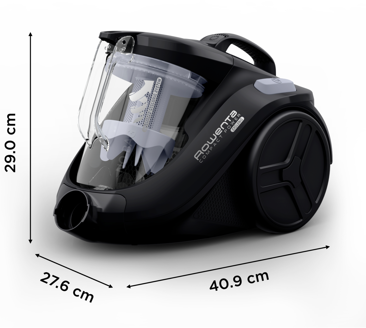 Egy fekete Rowenta Compact Power porszívó méretekkel: 29,0 cm magas, 27,6 cm széles és 40,9 cm hosszú.