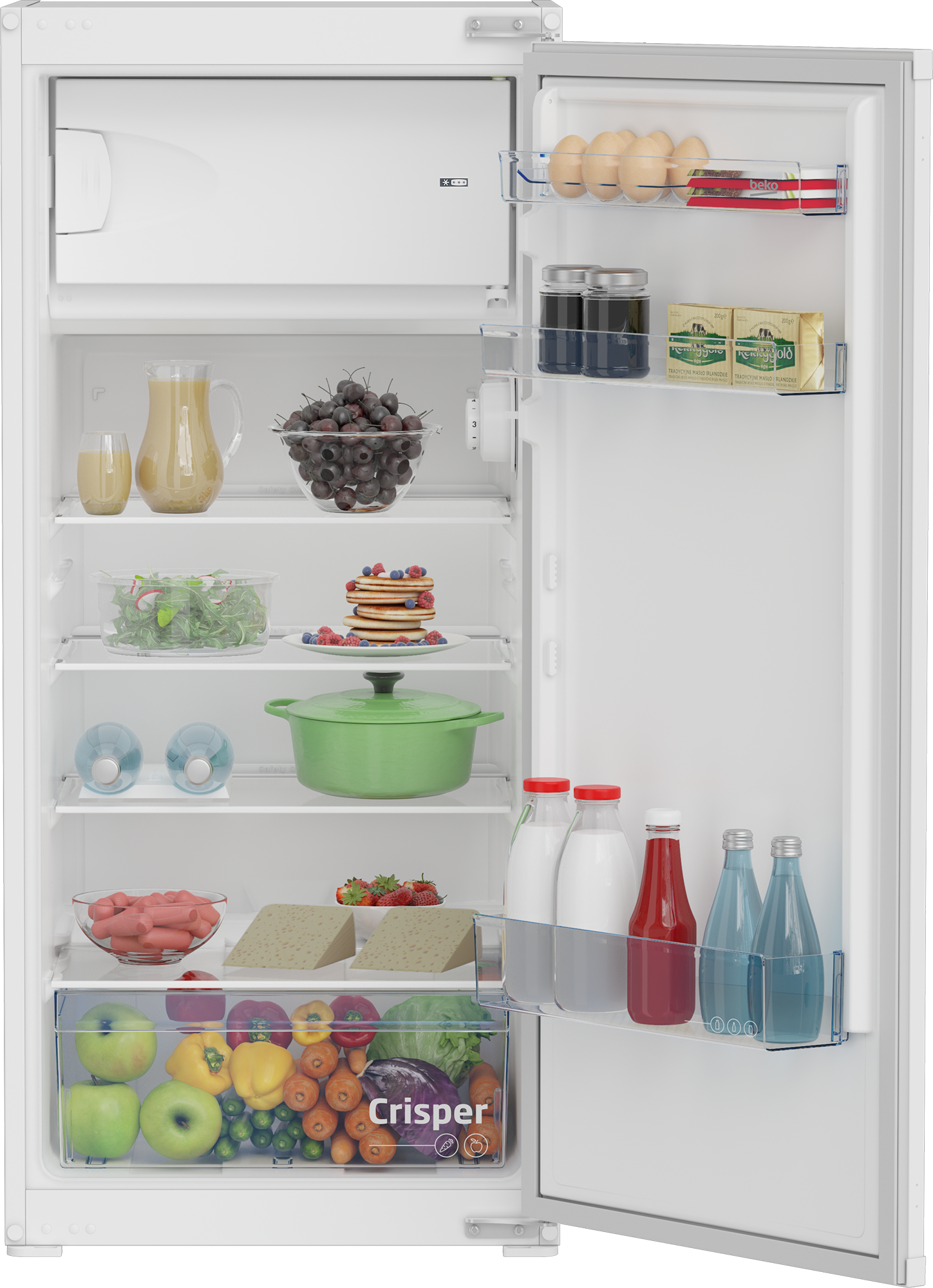 Refrigerador abierto con comida. Se ven frascos, huevos, fruta, verduras, jugo y botellas.