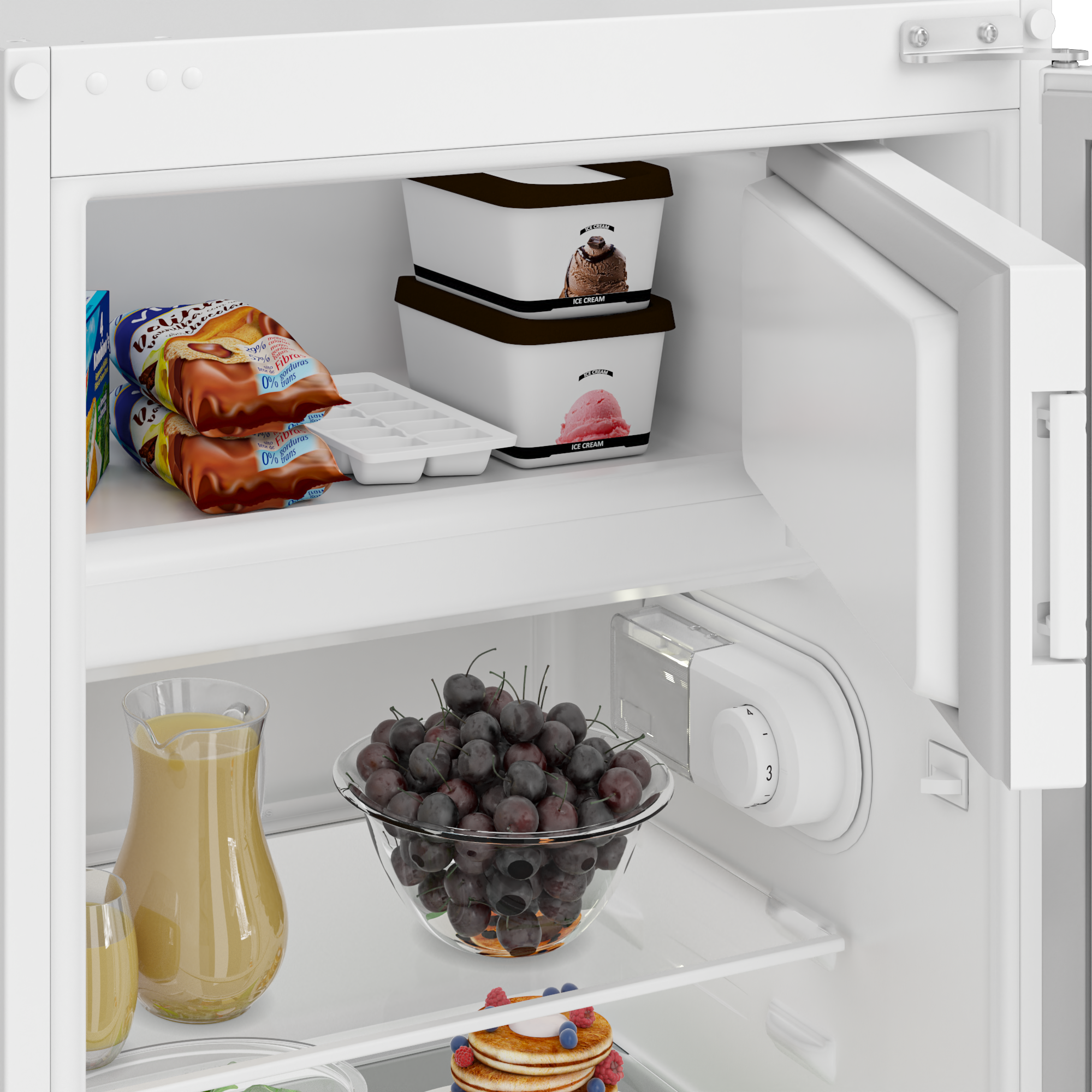 Interior de refrigerador con alimentos, incluyendo helado y fruta fresca.