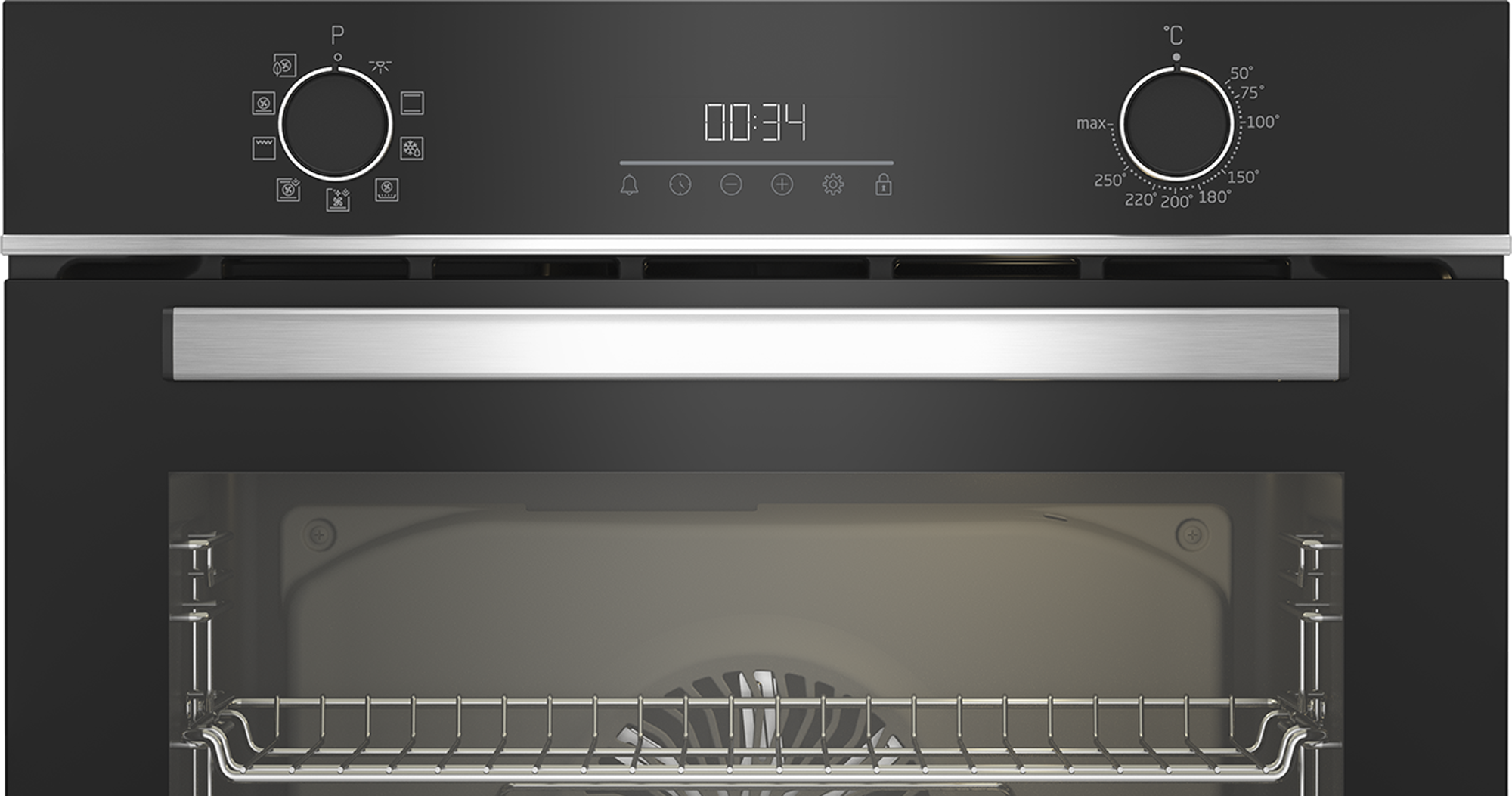 Primer plano de un panel de control de horno negro con diales, botones y pantalla.