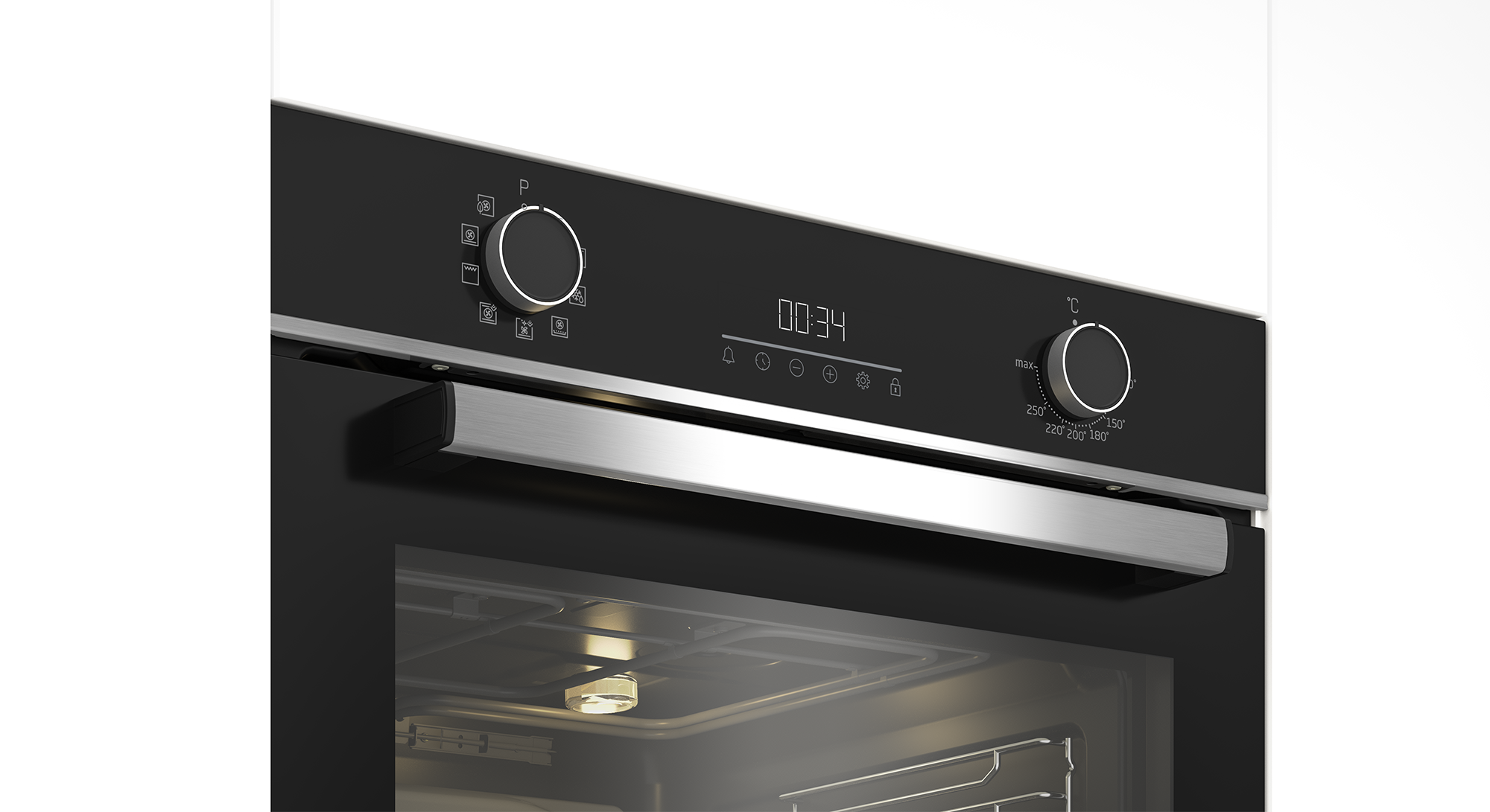 Primer plano de un panel de control del horno con dos perillas y una pantalla digital que muestra 00:34. La puerta del horno está ligeramente abierta.