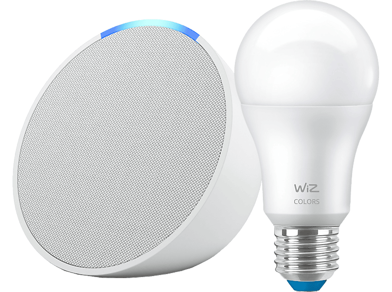 Altavoz inteligente - Amazon Echo Pop + Bombilla Wiz, Bluetooth con Alexa de Sonido Potente y Compacto, Blanco