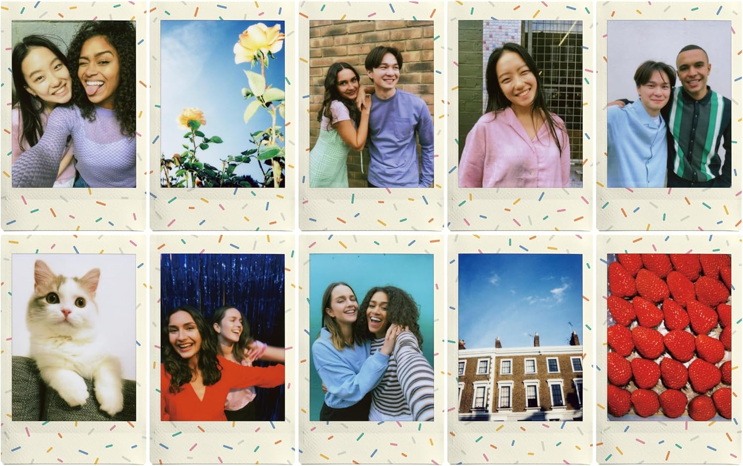 Diez fotos polaroid de personas y objetos con bordes blancos.