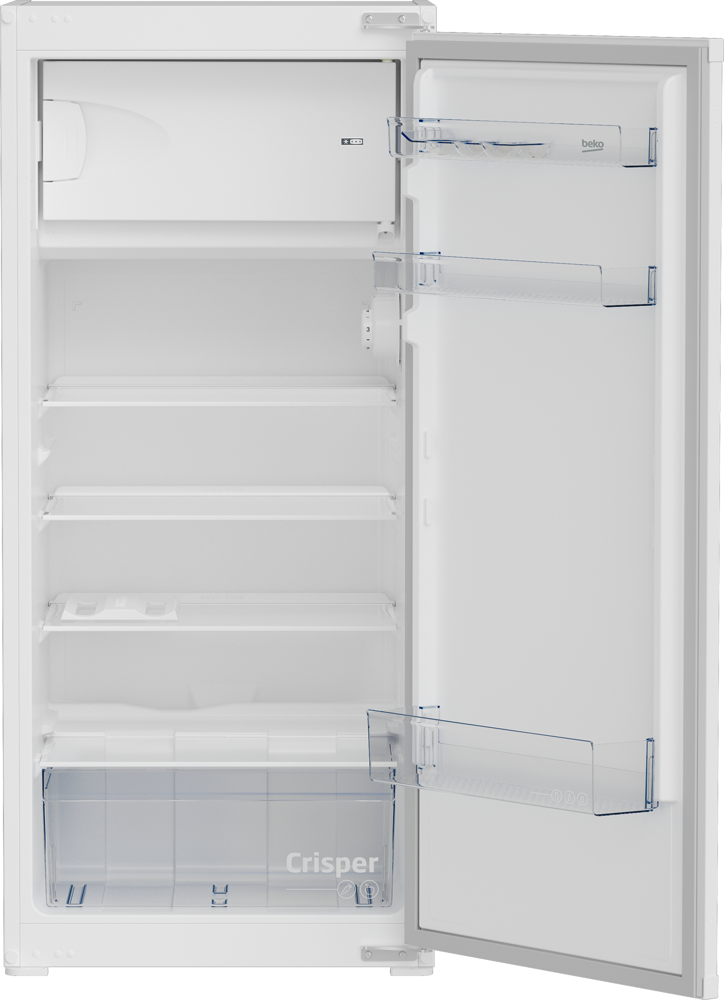 Refrigerador blanco con la puerta abierta, mostrando estantes y cajones.