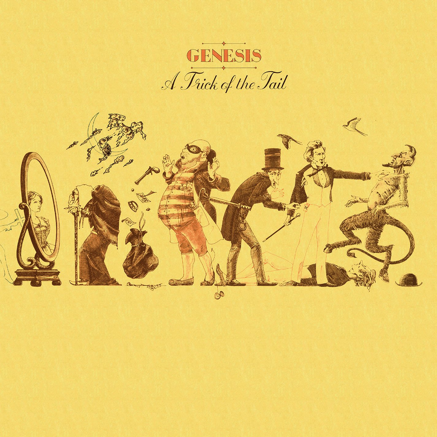 A Genesis album borítója, rajzfilmszerű karakterekkel sárga háttéren.