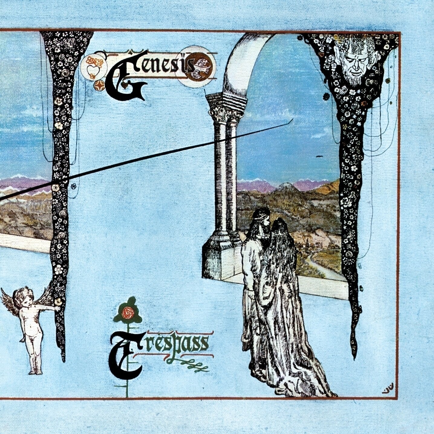 Genesis Trespass album borító. Illusztráció figurákkal, ívekkel, kék és fehér égbolttal.