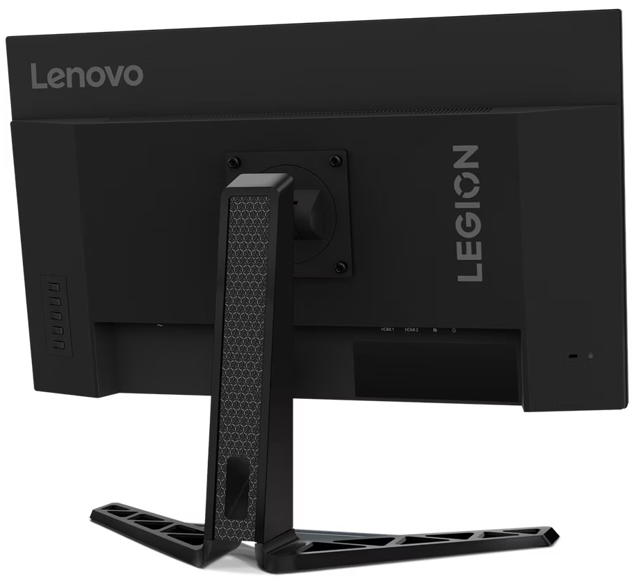 Widok z tyłu czarnego monitora Lenovo Legion, z logo Legion, podstawką i widocznymi portami połączeniowymi.