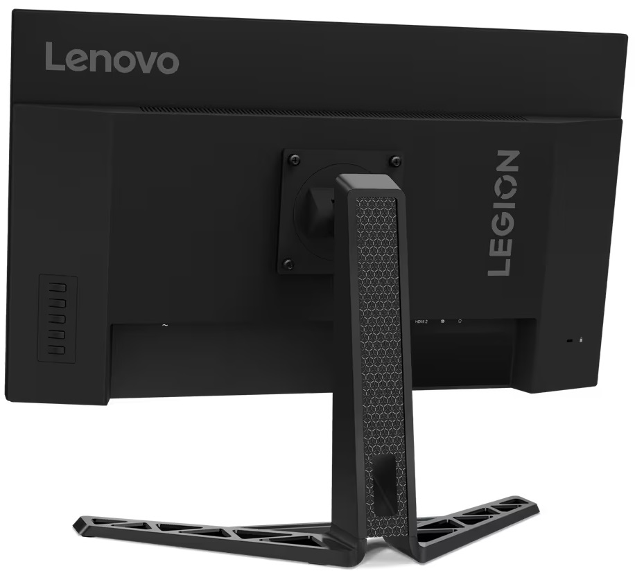 Widok z tyłu czarnego monitora Lenovo Legion z charakterystycznym wzorem podstawy.
