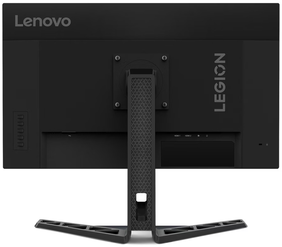 Tył czarnego monitora Lenovo Legion ze stojakiem i marką Legion.